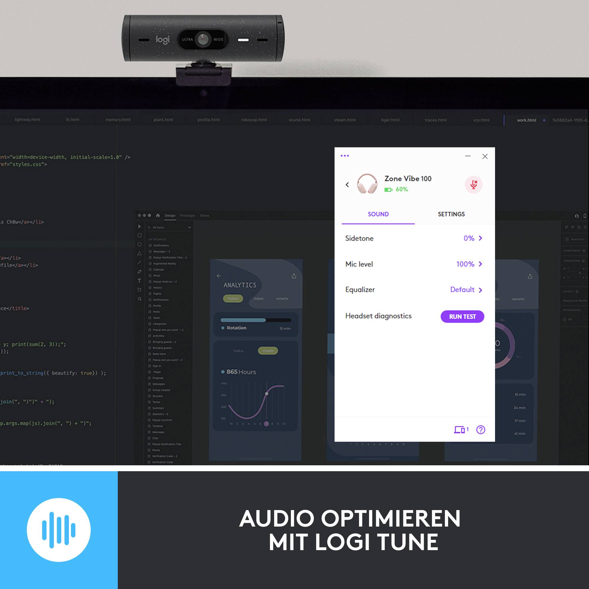 Kamera auf Bildschirm; zeigt 'Logi Tune' Software zur Audio-Optimierung. Optionen: Sidetone, Mikrofonpegel, Equalizer, Headset-Einstellungen.