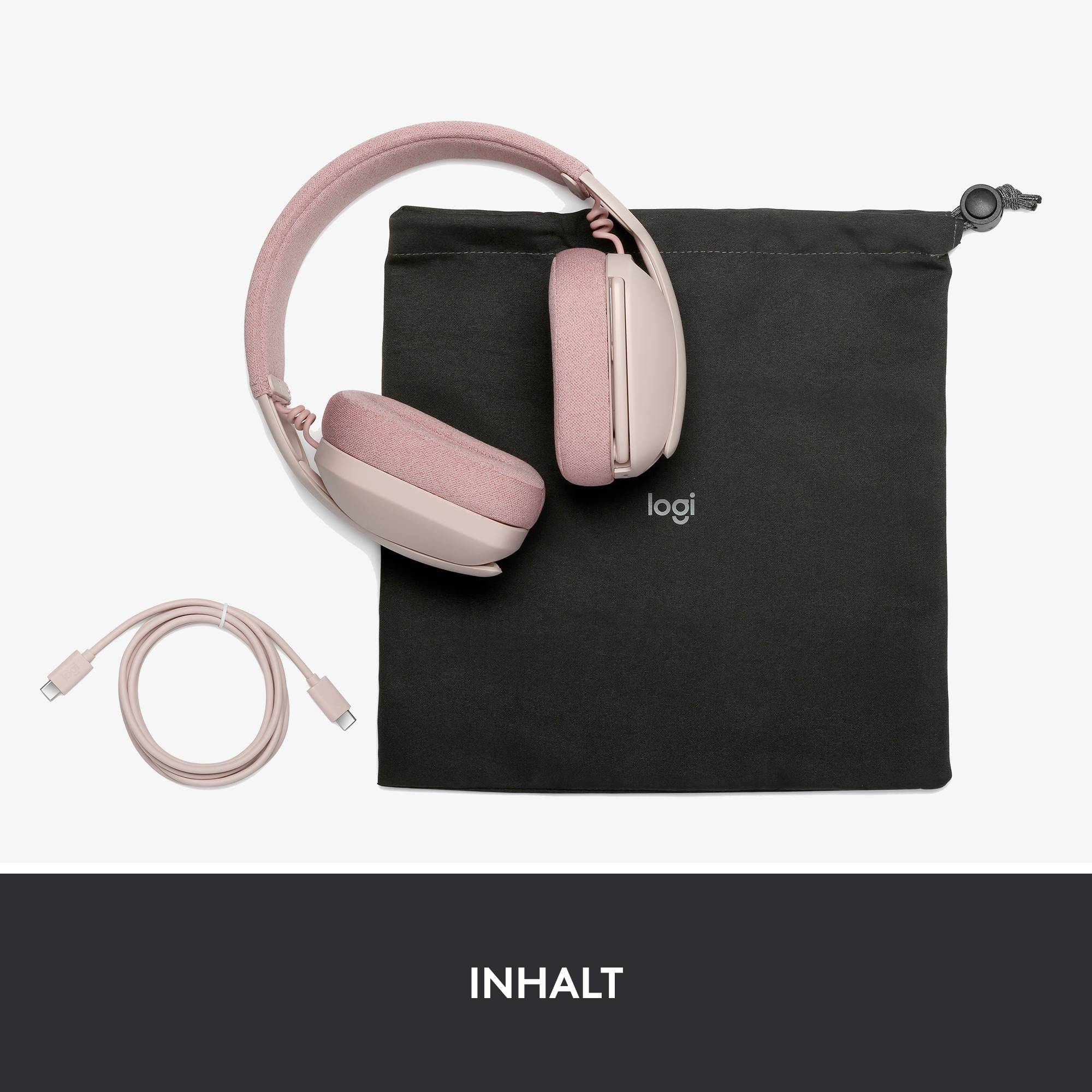 Rosa Over-Ear-Kopfhörer mit einem USB-Kabel und einer schwarzen Transporttasche mit 'logi'-Logo, präsentiert auf weißem Hintergrund.