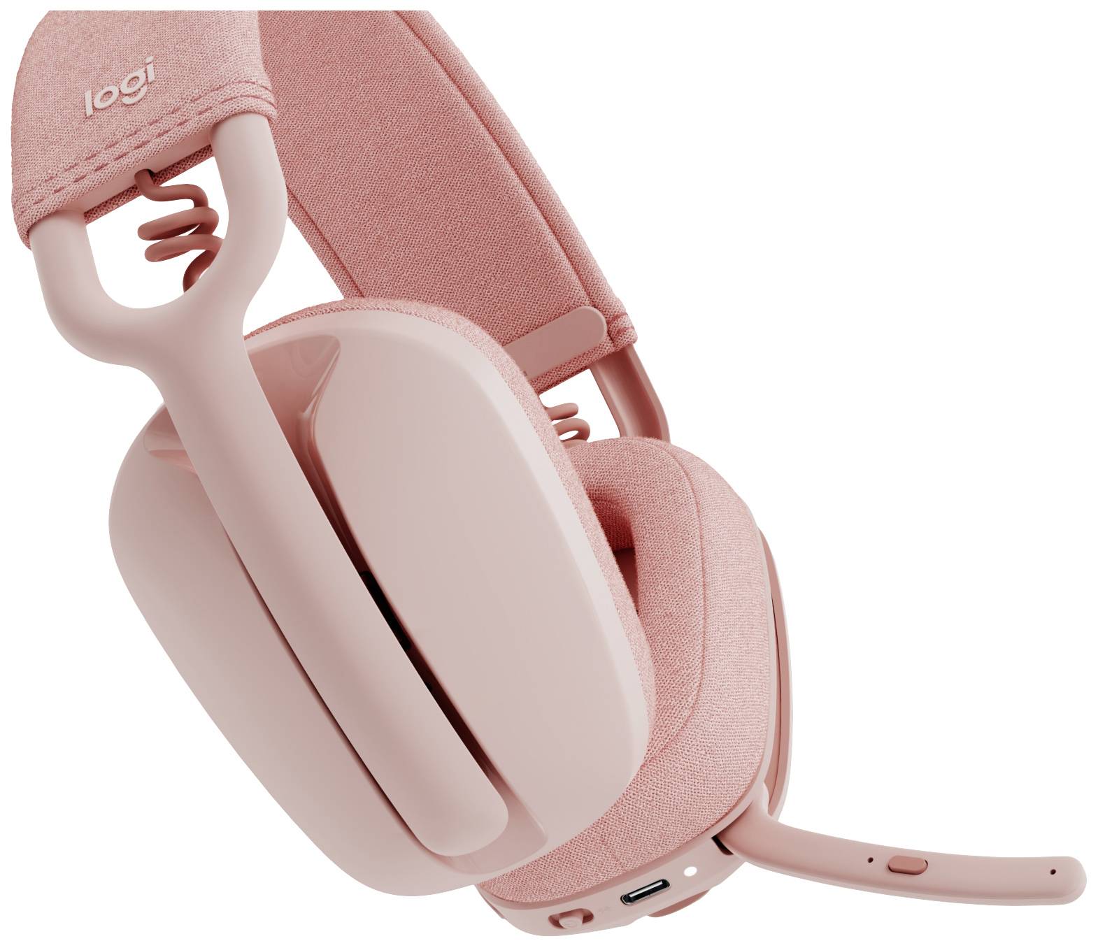 Kabelloses rosafarbenes Headset mit Mikrofon und Polstern für bequemen Sitz, ideal für Gaming oder langanhaltende Nutzung.