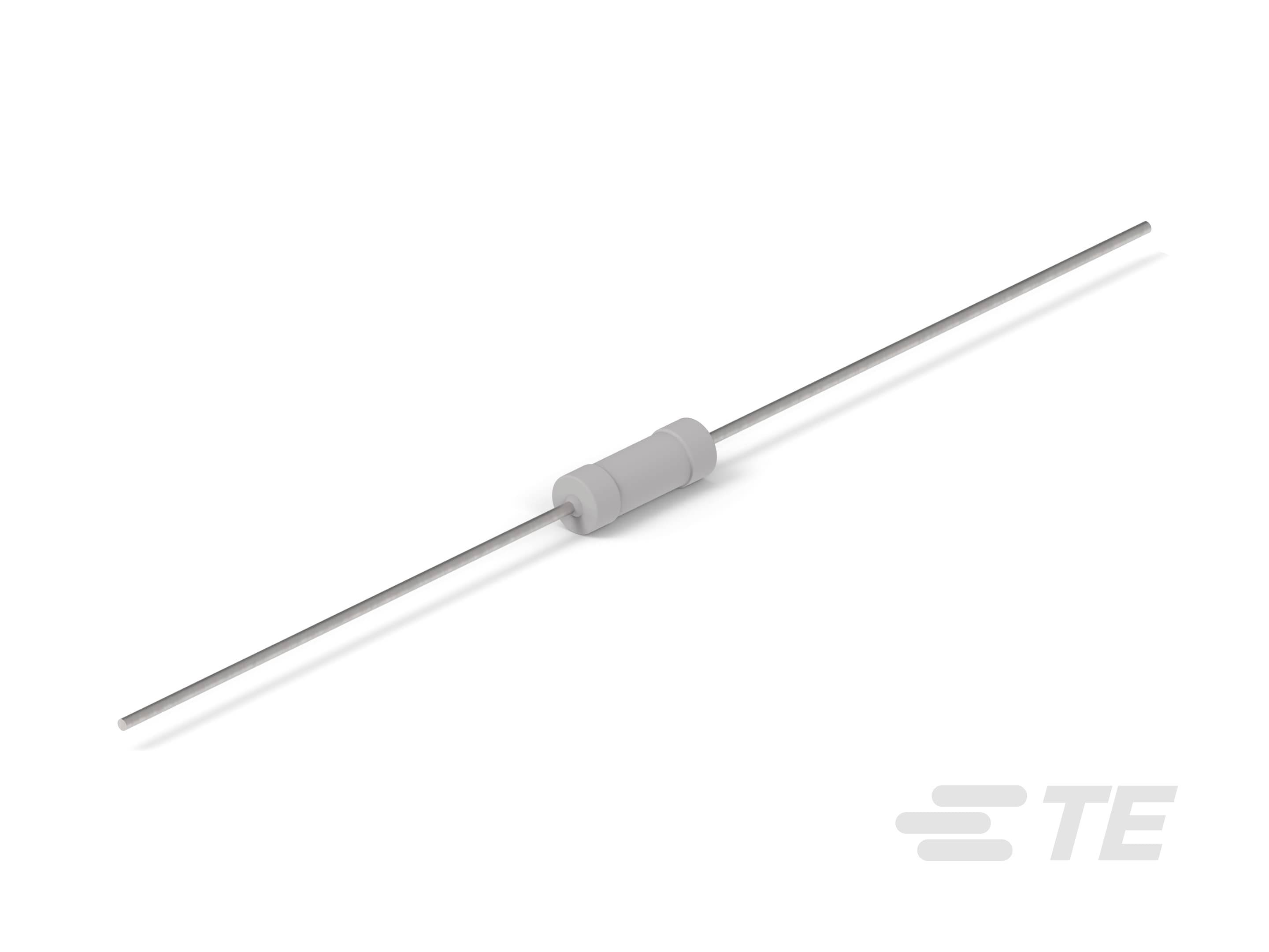 Elektronisches Bauteil: Ein axialer Widerstand mit grauer, zylindrischer Form und zwei langen Anschlussdrähten.