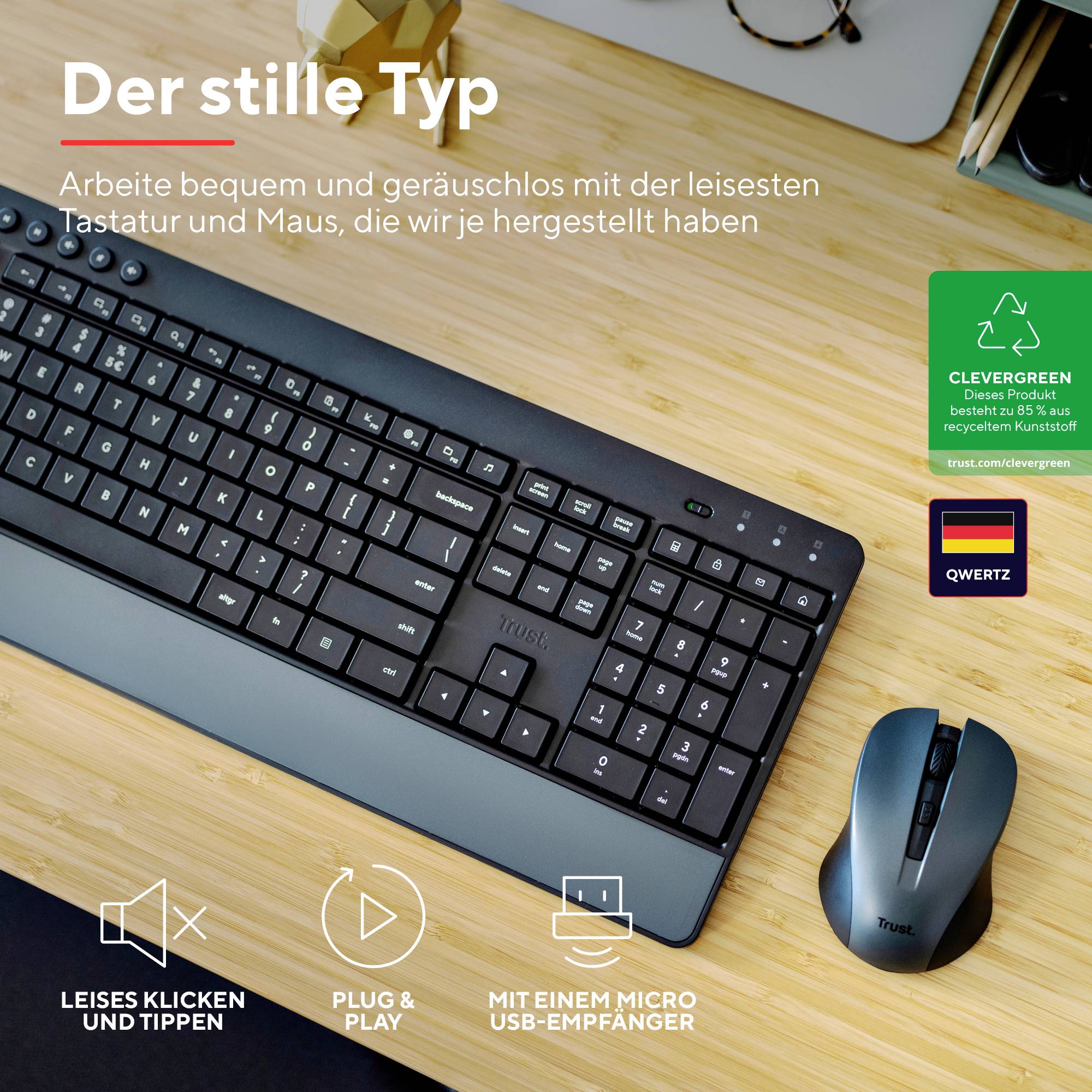 Trust Trezo Comfort Eco Funk Tastatur, Maus-Set Spritzwassergeschützt Deutsch, QWERTZ Schwarz