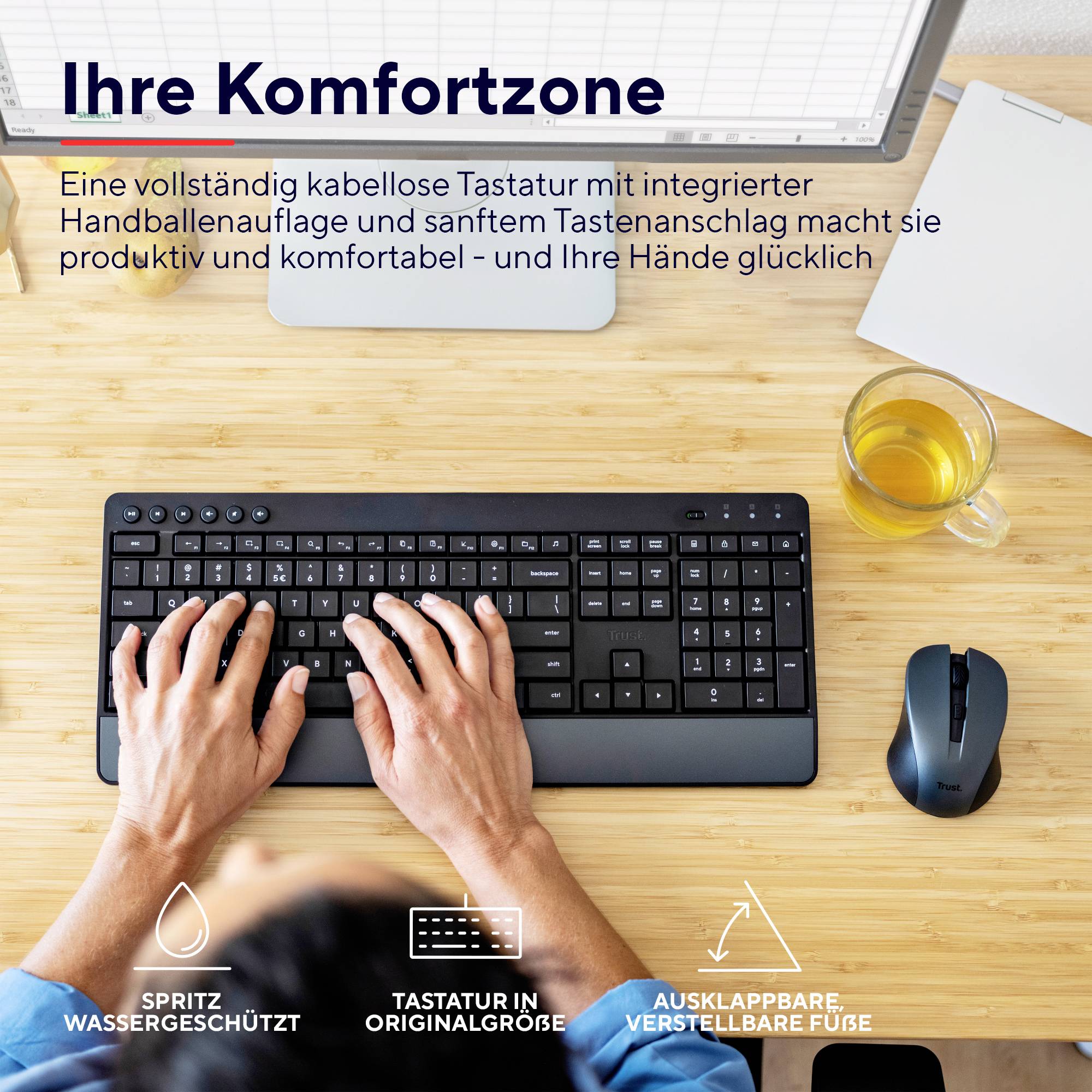Trust Trezo Comfort Eco Funk Tastatur, Maus-Set Spritzwassergeschützt Deutsch, QWERTZ Schwarz