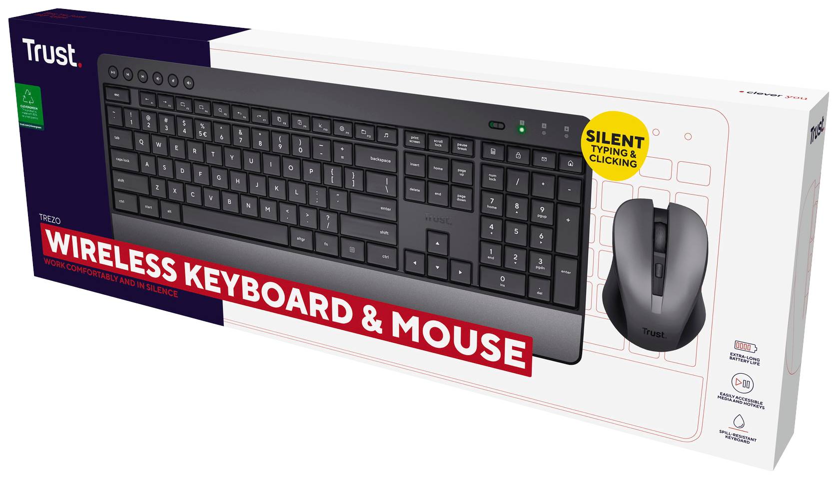 Trust Trezo Comfort Eco Funk Tastatur, Maus-Set Spritzwassergeschützt Deutsch, QWERTZ Schwarz