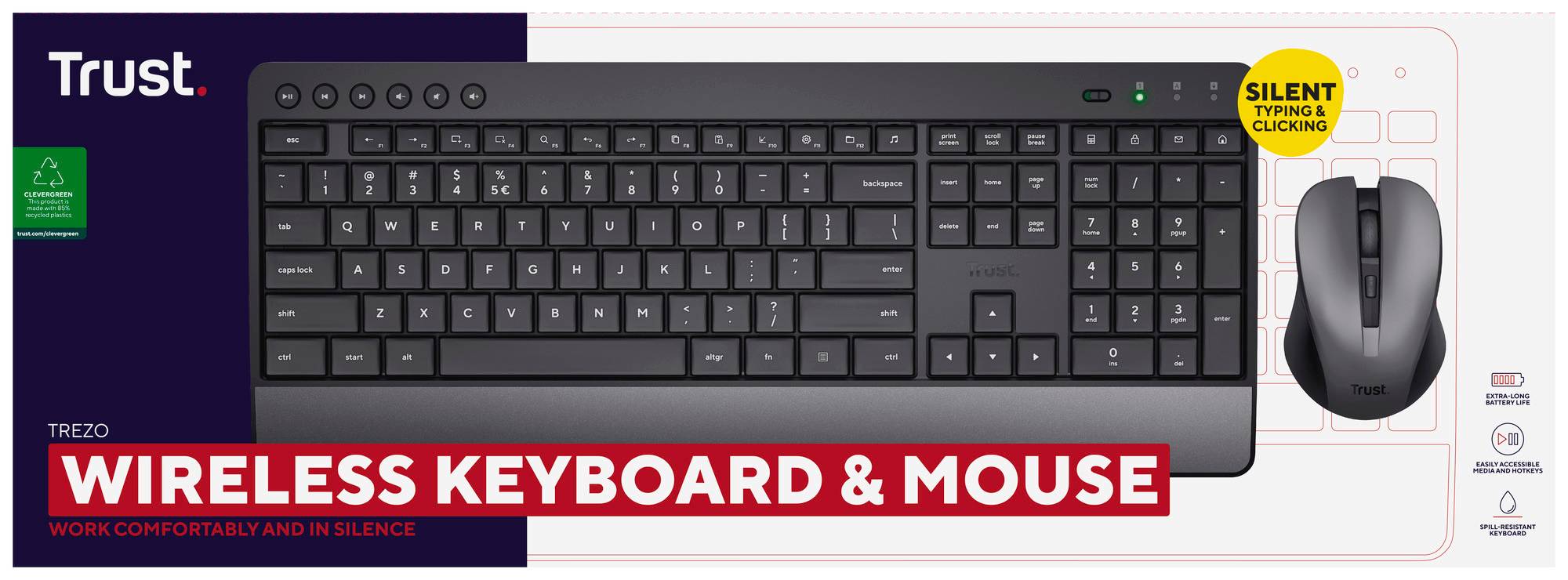 Trust Trezo Comfort Eco Funk Tastatur, Maus-Set Spritzwassergeschützt Deutsch, QWERTZ Schwarz