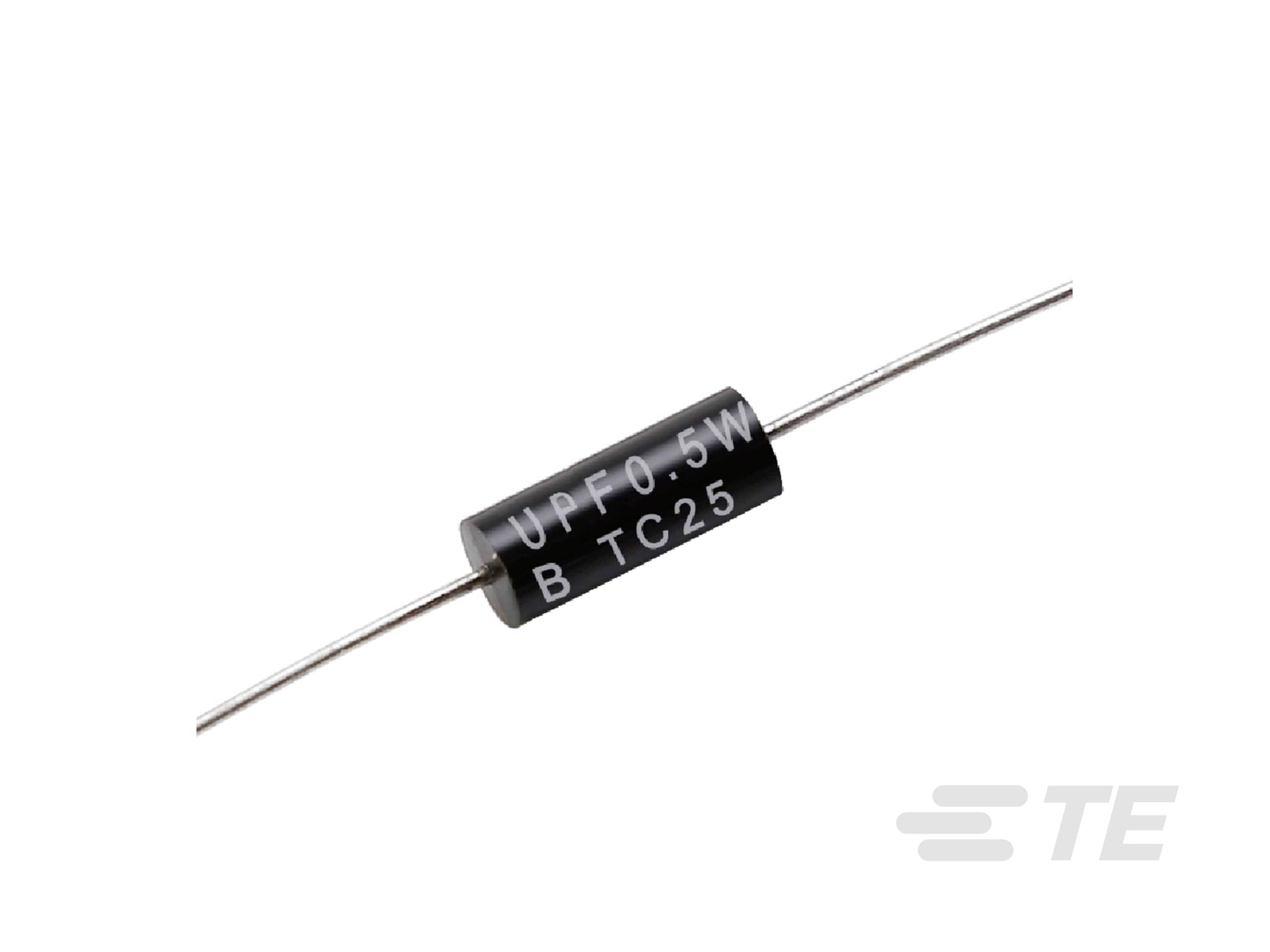 Zylinderförmiger elektronischer Bauteil, Widerstand mit der Beschriftung 'U PF 0.5 W B TC25' auf schwarzem Gehäuse.