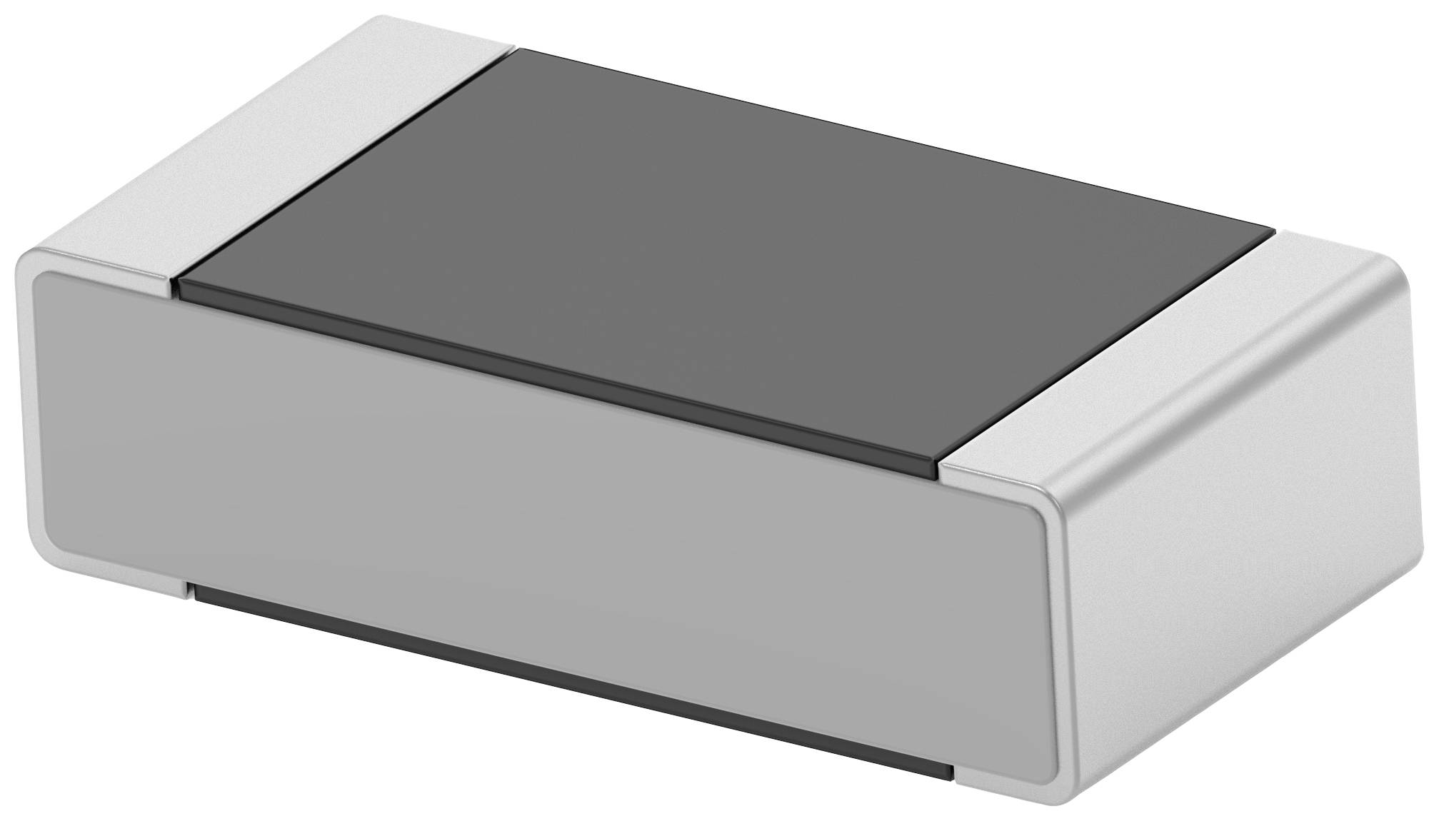 Ein rechteckiges, kompakt wirkendes elektronisches Bauteil mit metallischem Gehäuse und dunkler Oberseite.