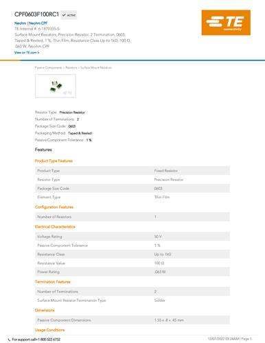 teconnectivity TE Connectivity 6-1879335-5 Dünnschicht-Widerstand 100 MΩ SMD 0603 0.063W 0.01% 50 ppm/°C Tape o