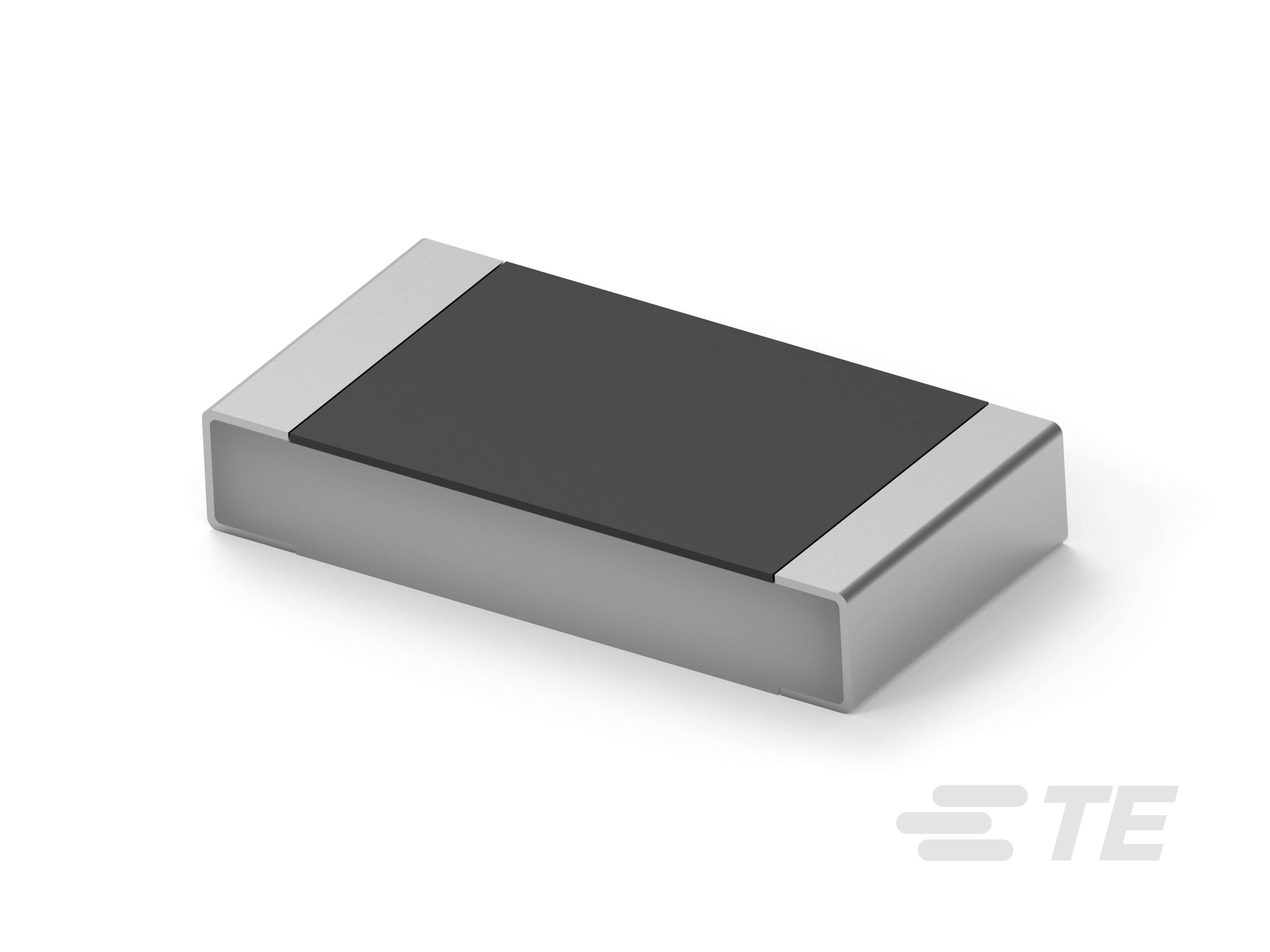 Ein rechteckiger elektrischer Widerstand auf einem weißen Hintergrund, mit grauer Oberseite und silbernen Enden.