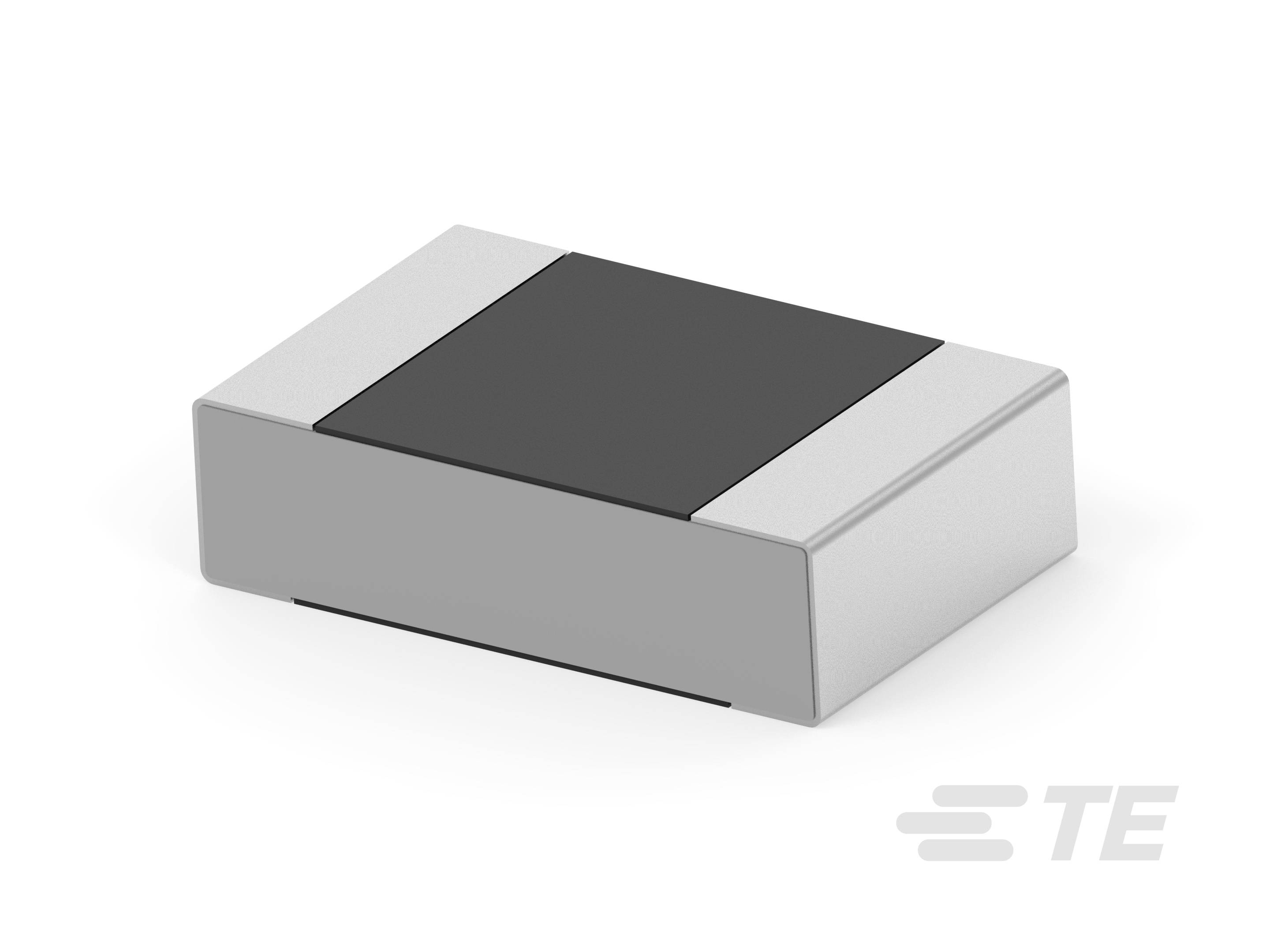 Ein rechteckiger, flacher elektronischer Bauteil mit schwarzen und silbernen Flächen. Rechts unten das TE-Logo.