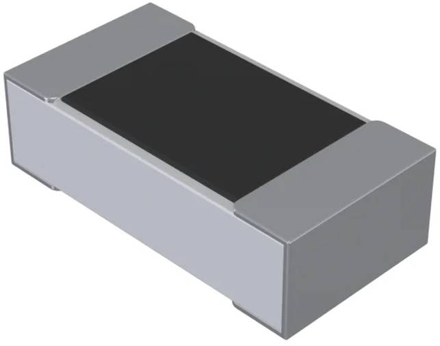 Nahaufnahme einer kleinen elektronischen Komponente, die einem oberflächenmontieren Kondensator oder Widerstand ähnelt, mit einem schwarzen Mittelteil und silbernen Enden.