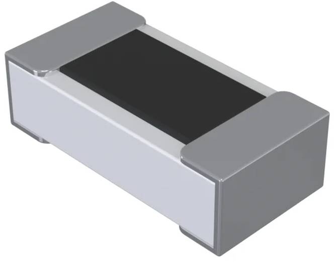 Eine rechteckige, silber- und schwarzfarbige elektronische Komponente auf weißem Hintergrund, ähnlich wie ein oberflächenmontierter Widerstand oder Kondensator.