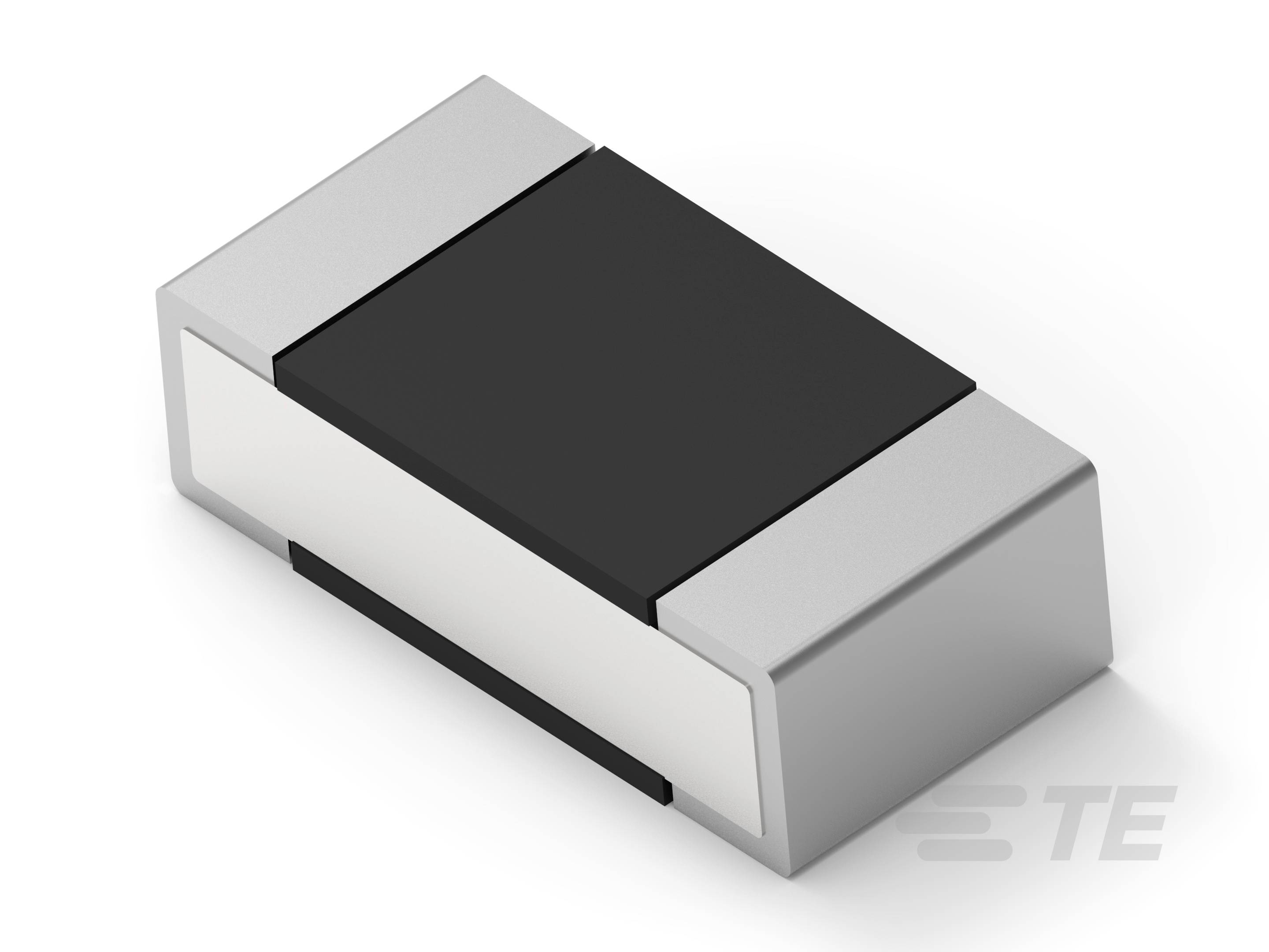Elektronischer Widerstand in rechteckiger Form, silberfarbenes Gehäuse mit schwarzem Oberteil, Herstellerlogo 'TE' auf der Unterseite.
