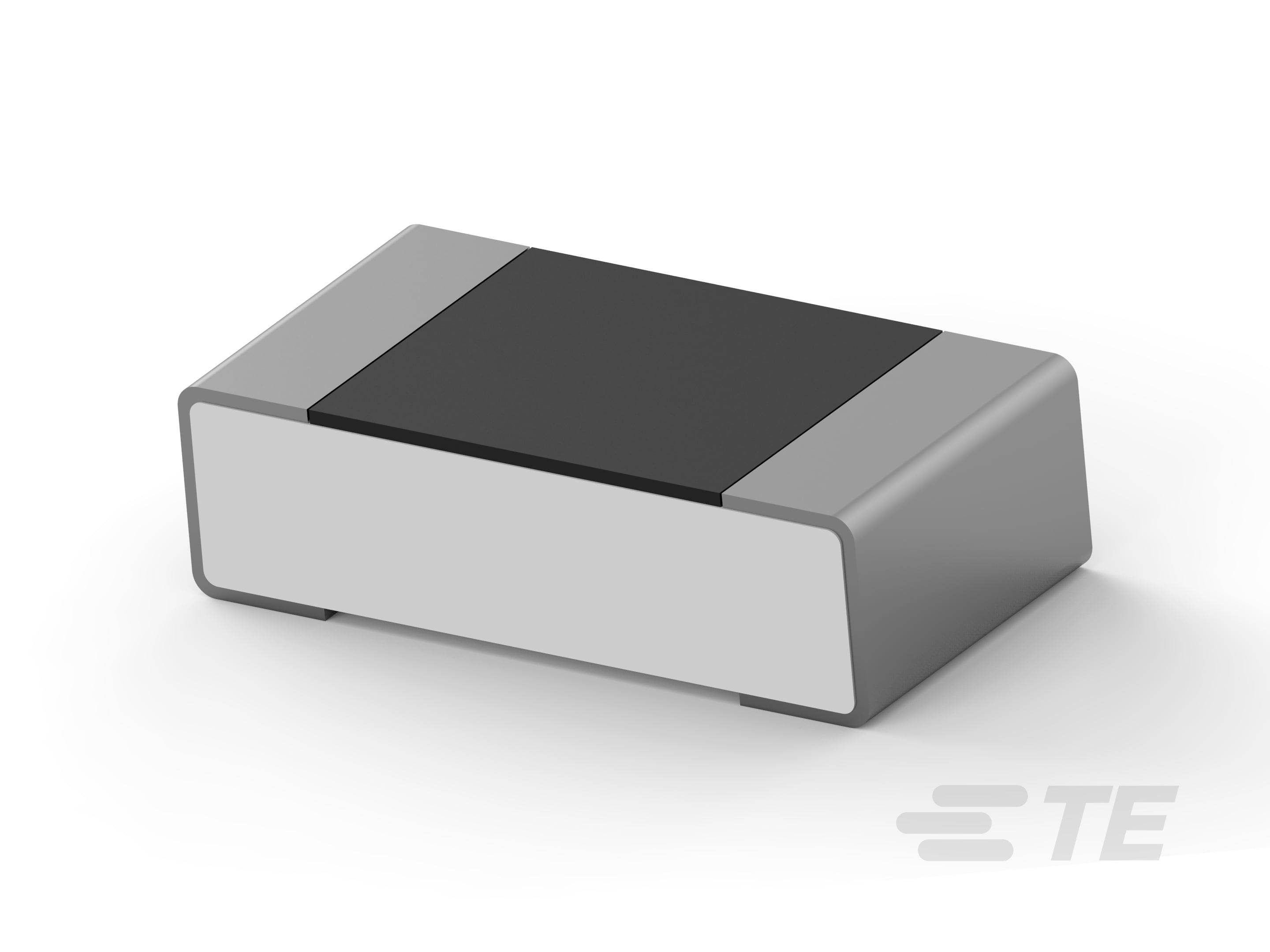 Ein rechteckiges elektronisches Bauelement mit schwarzer Oberseite und silbernen Seiten. Logo in der unteren rechten Ecke des Bildes.