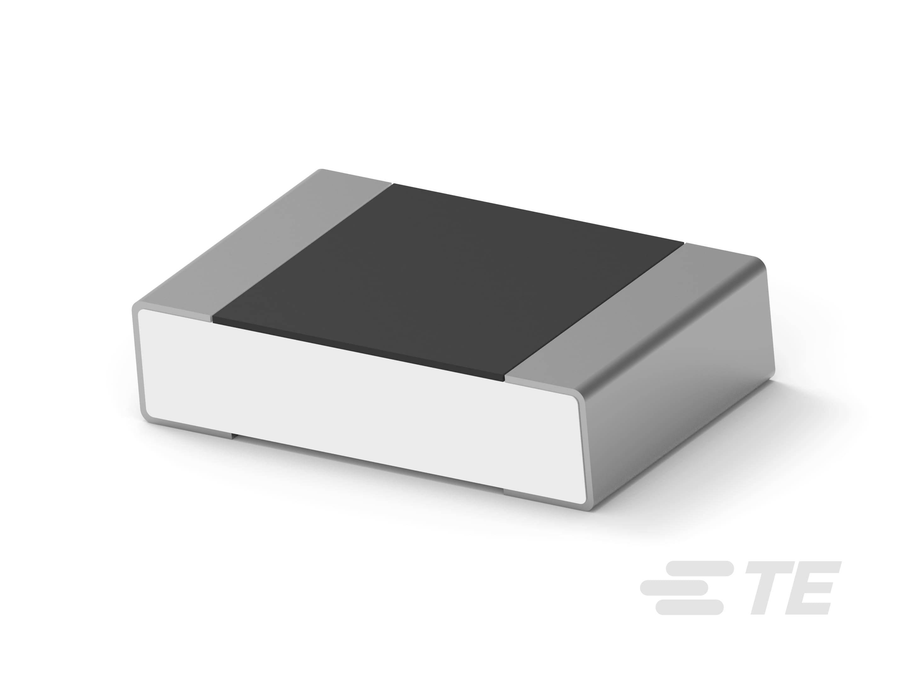 Kleines rechteckiges elektronisches Bauteil mit grauen und schwarzen Flächen, auf weißem Hintergrund.