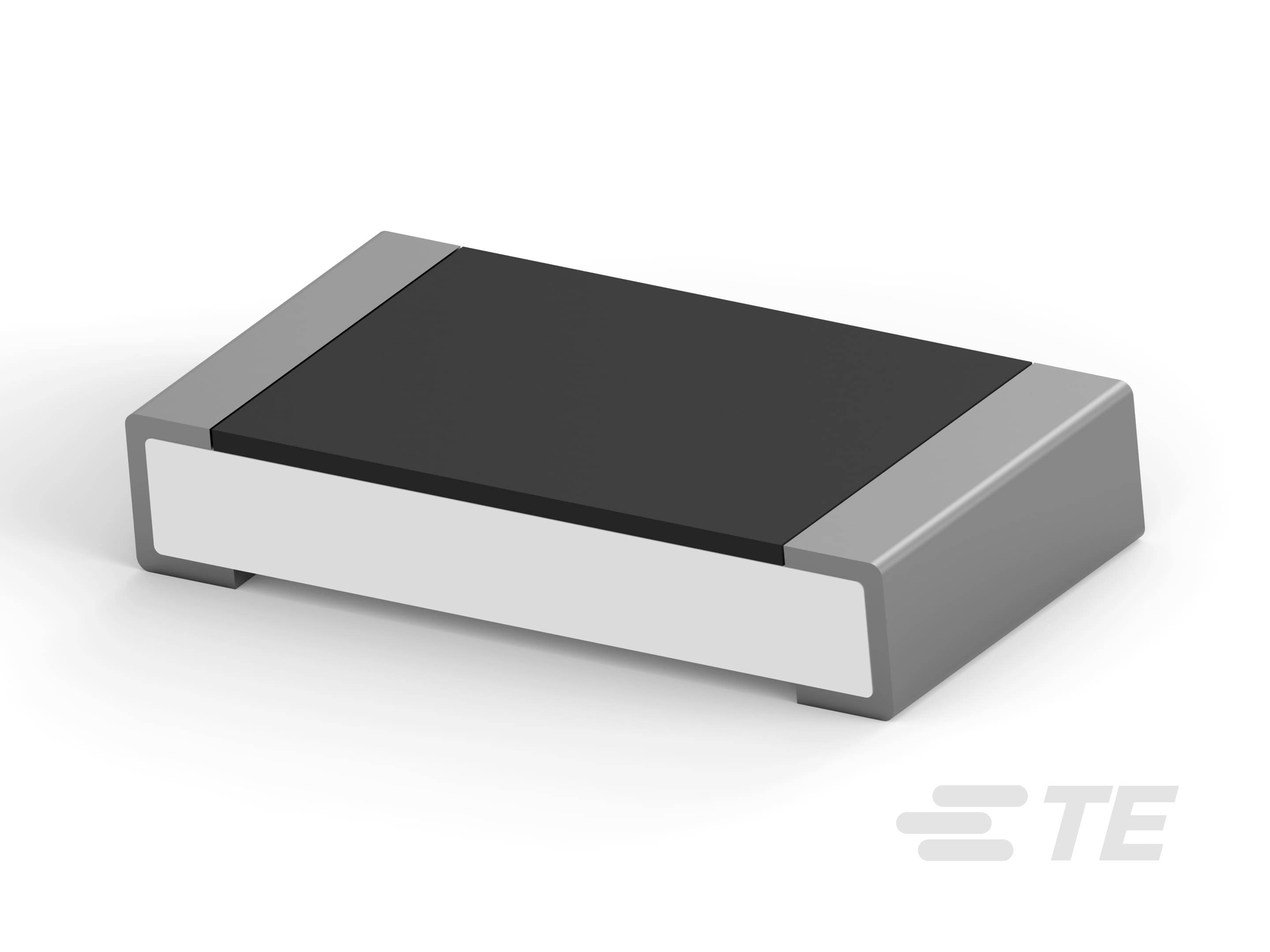 Elektronischer Bauteil in rechteckiger Form mit schwarzer Oberseite und silbernen Seiten. Symbol oder Logo unten rechts sichtbar.