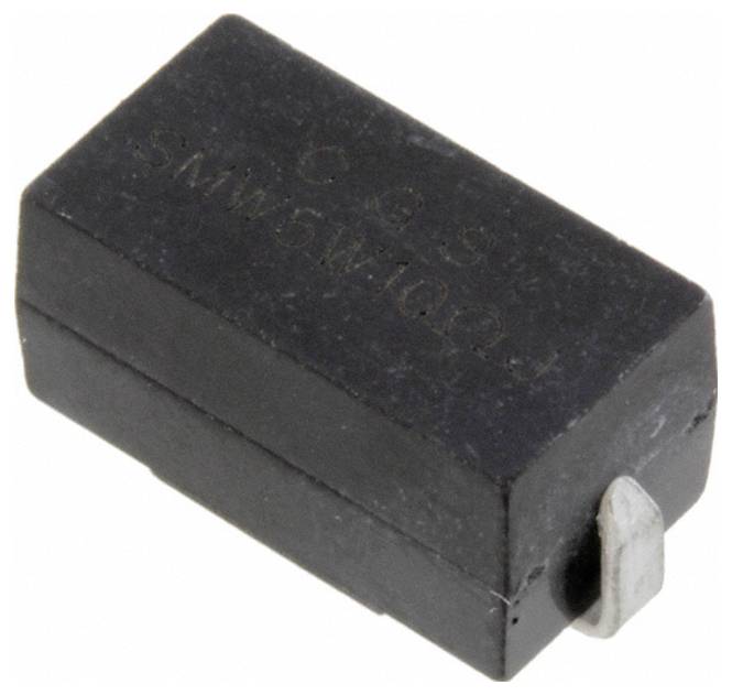 Eine schwarze rechteckige elektronische Komponente mit zwei Metallanschlüssen, wahrscheinlich eine Diode, auf weißem Hintergrund dargestellt.