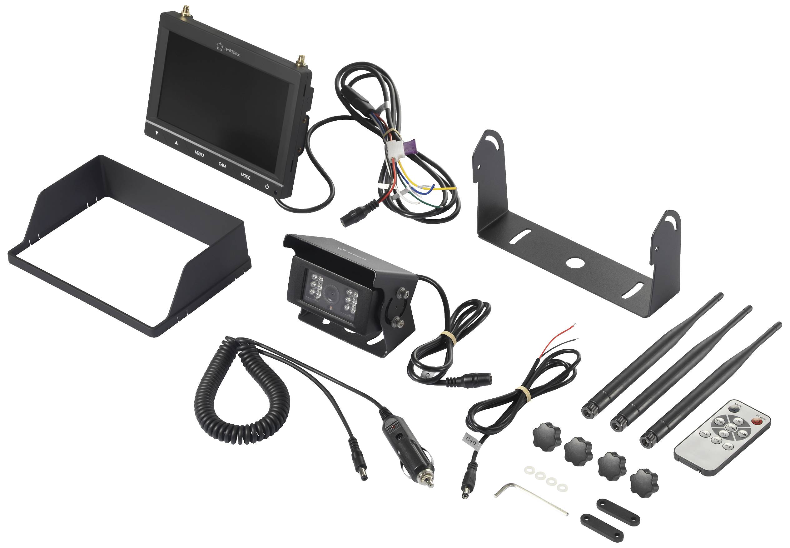 Ein Rückfahrkamerasystem mit Monitor, Kamera, Halterungen, Antennen, Anschlusskabeln und Fernbedienung, ausgelegt für Fahrzeugmontage.