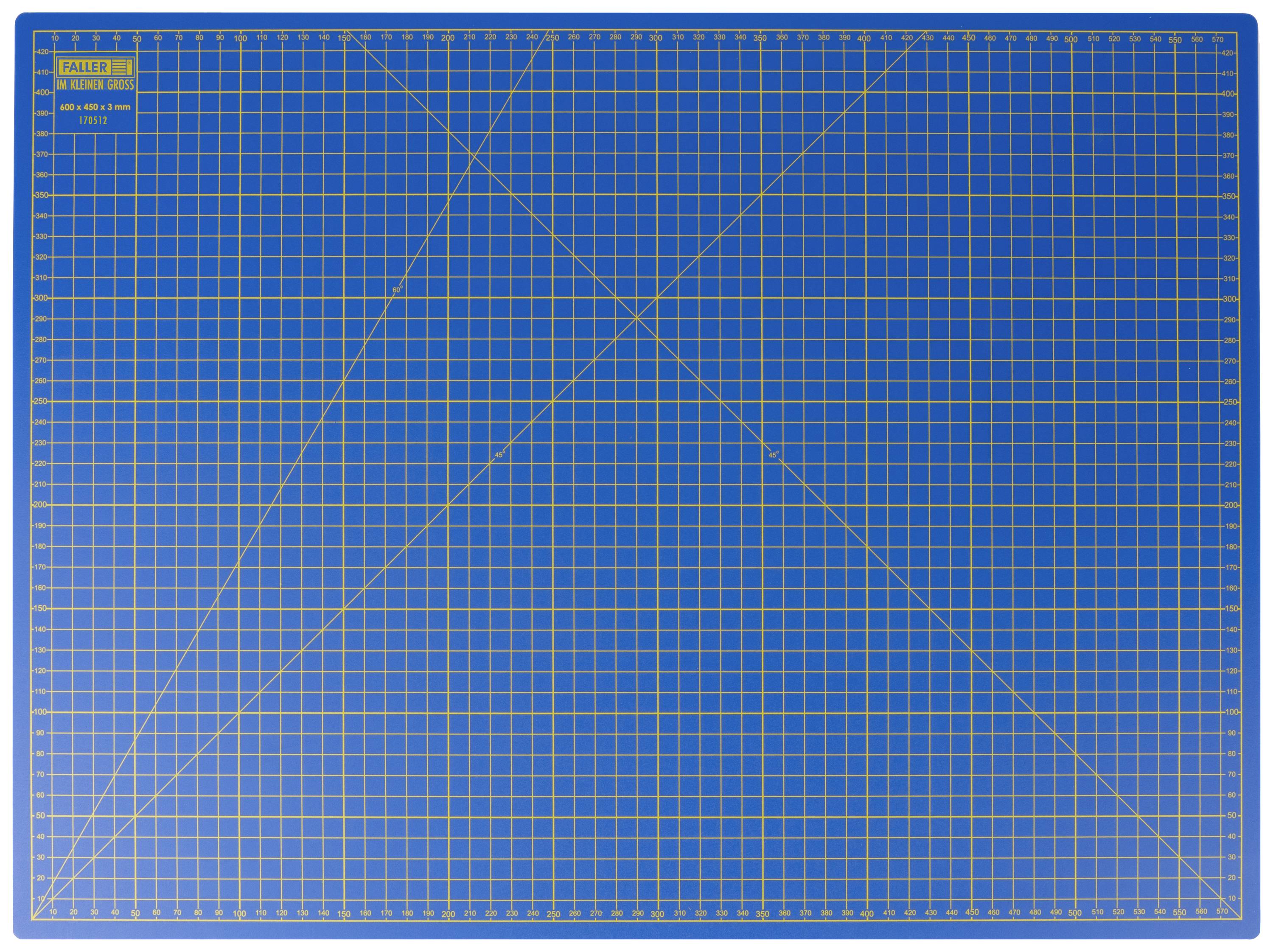 Eine blaue Schneidematte mit weißen Rasterlinien und Maßangaben in Zentimetern. Maße: 60 x 45 cm.
