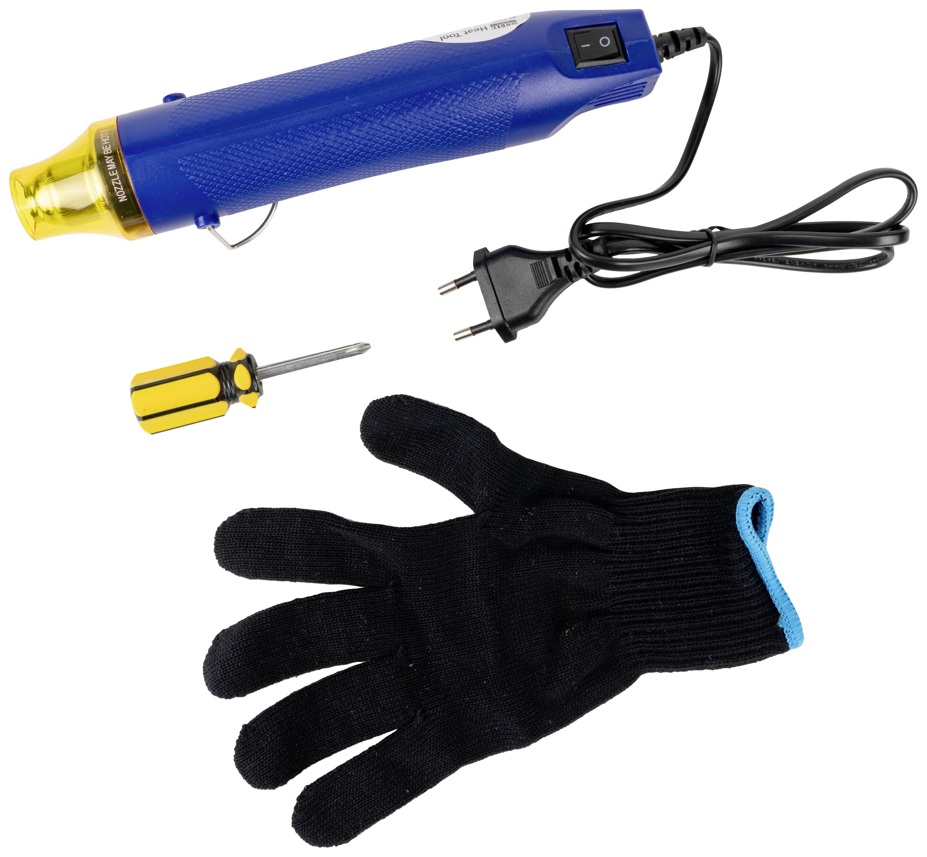 Ein blaues Heißluftgebläse mit Kabel und Schalter ist neben einem schwarzen Handschuh und einem gelb-schwarzen Schraubendreher abgebildet.