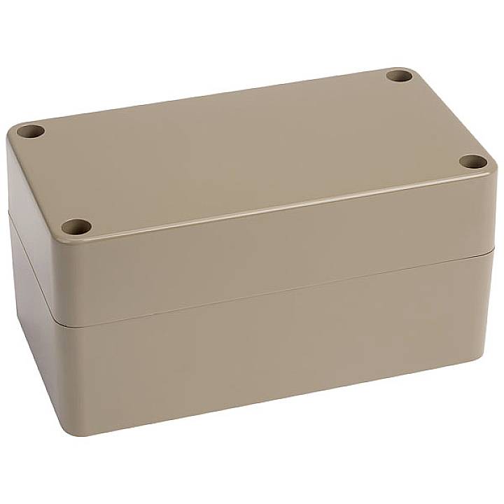 Rechteckiges, beigefarbenes Gehäuse mit abgerundeten Ecken und vorgebohrten Löchern an den vier Ecken. Geeignet zur Elektronikunterbringung.