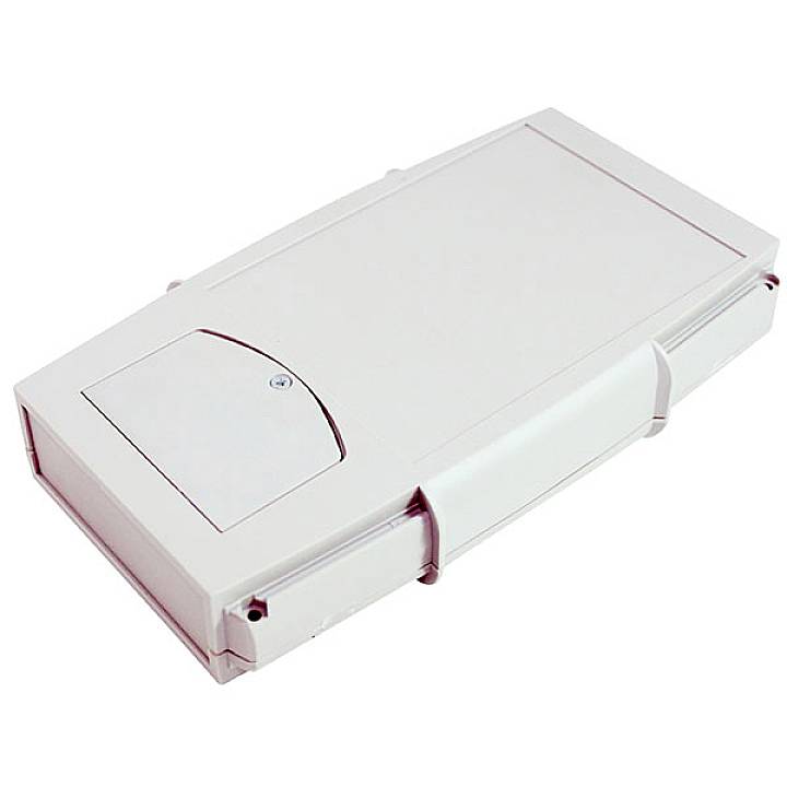 Ein weißes, rechteckiges elektronisches Gerät mit abgerundeten Ecken und einem kleinen Fach mit Schloss oben links.