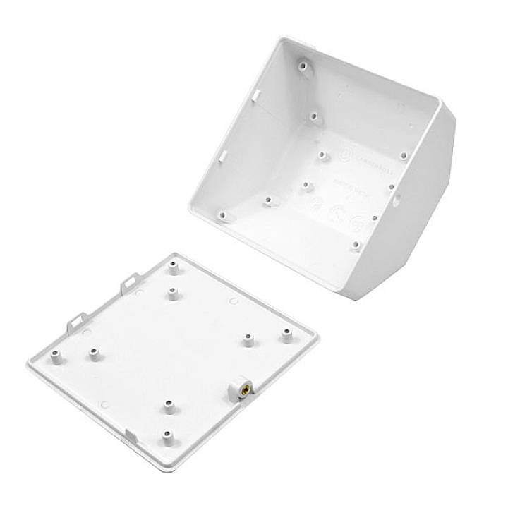 Zwei weiße Kunststoffboxen, eine quadratischer Deckel mit Schraublöchern und eine eckige Basis mit Löchern zur Wandmontage.