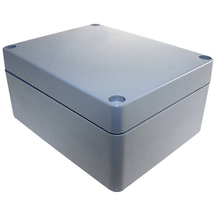 Ein rechteckiges, graues Gehäuse aus Kunststoff mit abgerundeten Ecken, oft verwendet zum Schutz von elektrischen Komponenten.