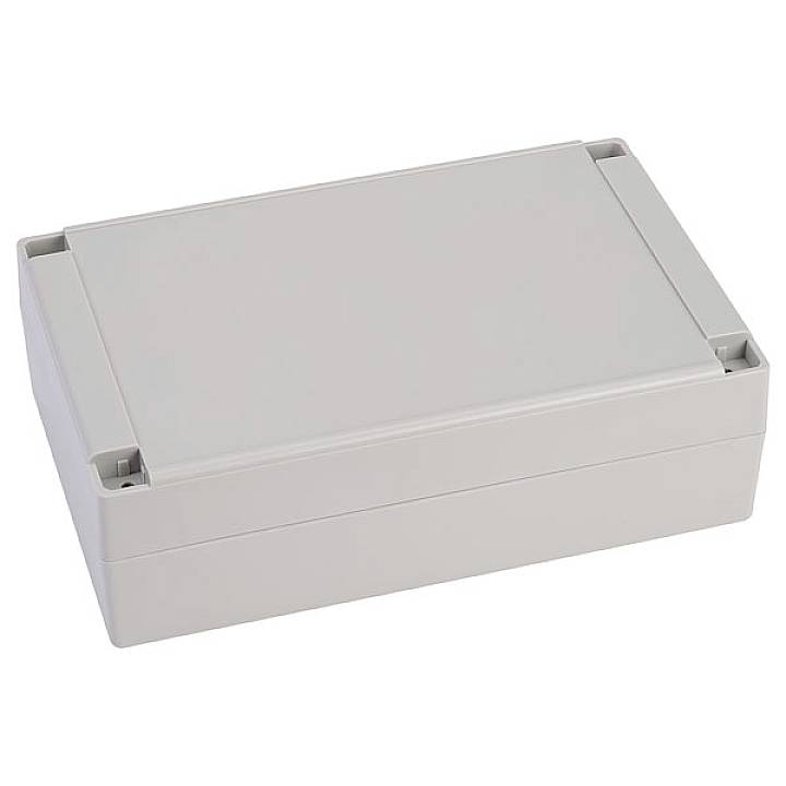 Rechteckiges, graues Kunststoffgehäuse mit abnehmbaren Deckel. Geeignet zur sicheren Aufbewahrung von elektronischen Bauteilen.