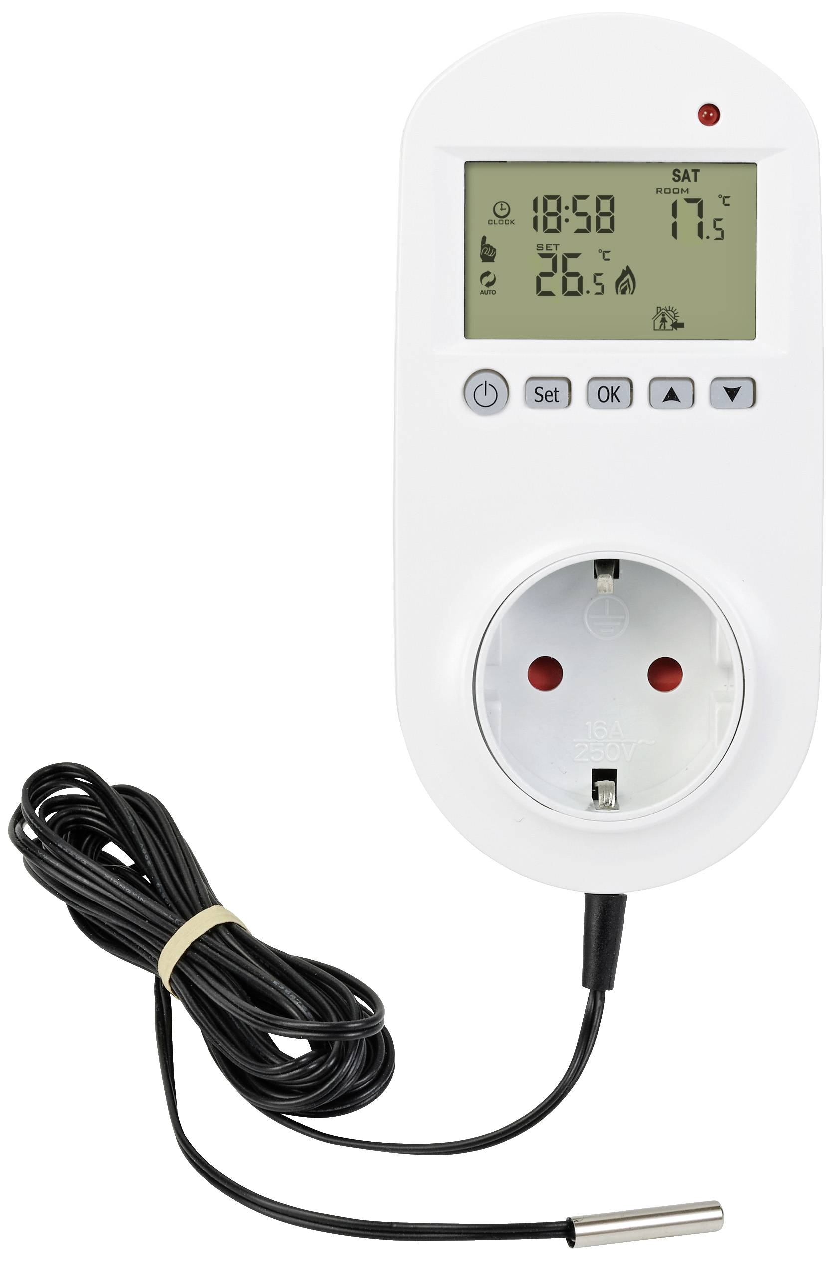 Ein digitaler Temperaturregler mit Steckdose und Display zeigt aktuelle Zeit, Temperaturen und Symbole an. Ein Kabel mit Sensor ist angeschlossen.