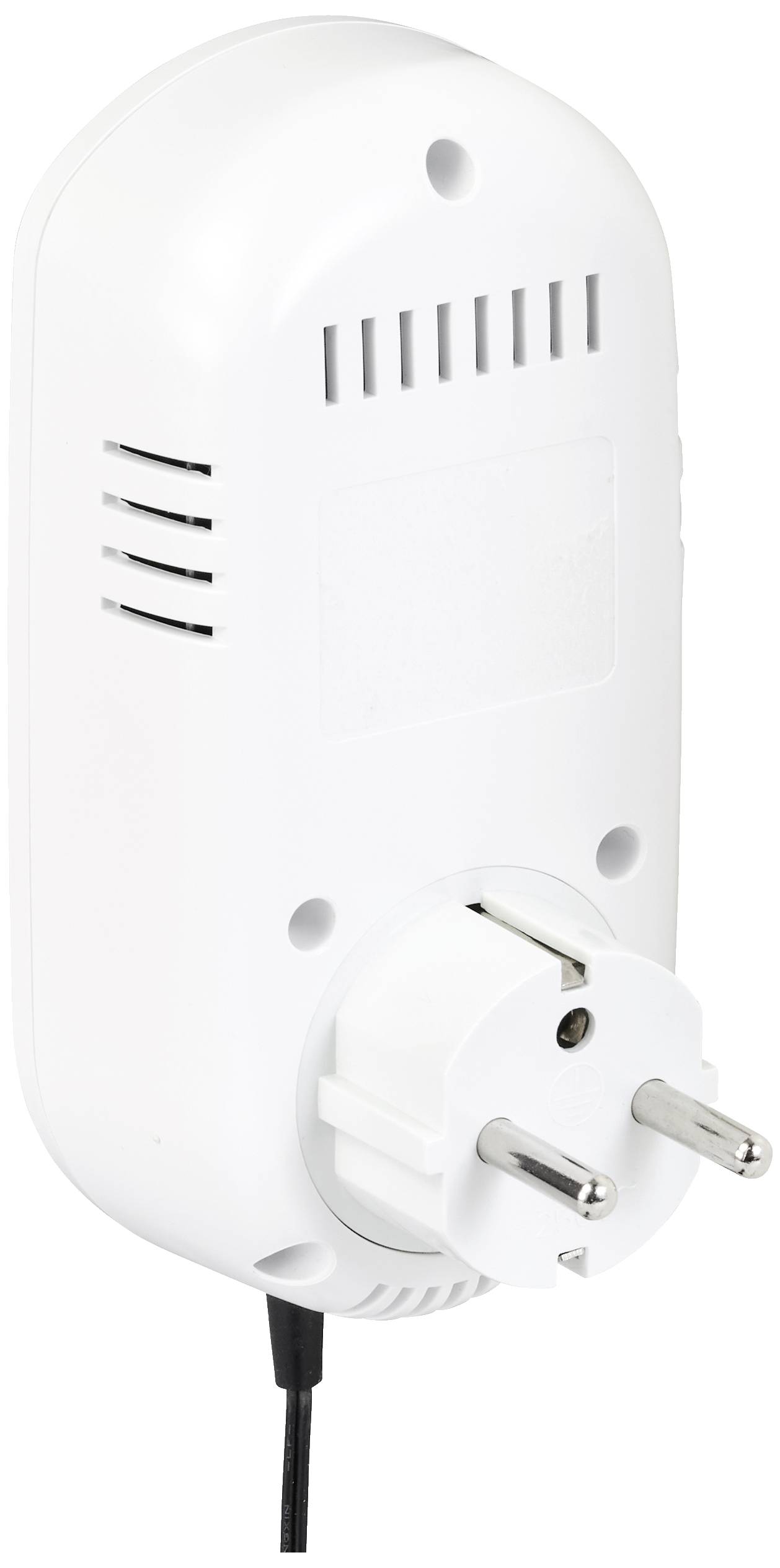 Ein weißer Steckdosenadapter mit Lüftungsschlitzen und Kabelanschluss, geeignet für EU-Steckdosen.