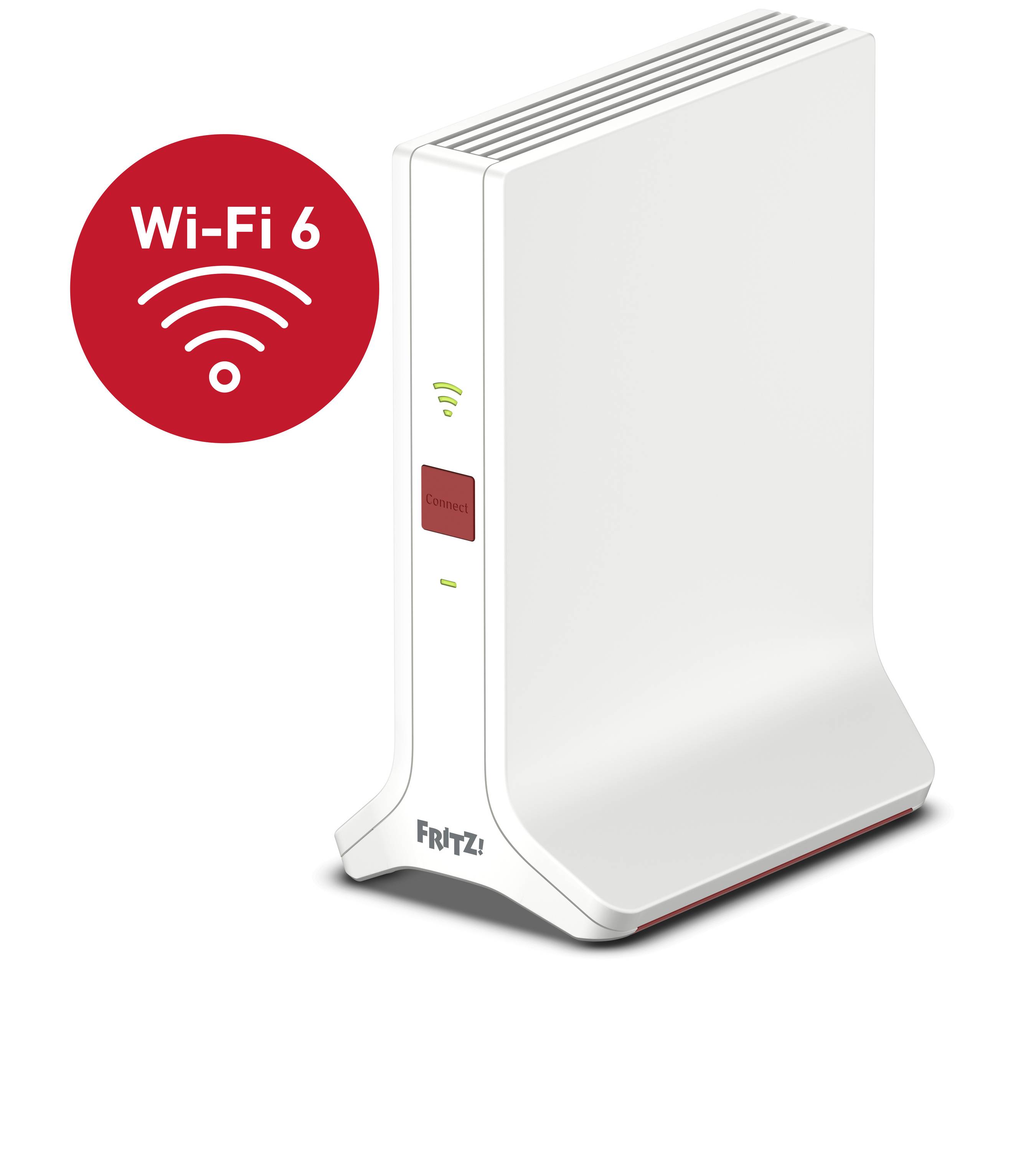 Fritz Repeater mit Wi-Fi 6 Logo. Weißes, aufrecht stehendes Gerät mit Lüftungsschlitzen, LED-Anzeigen und rotem WLAN-Symbol.
