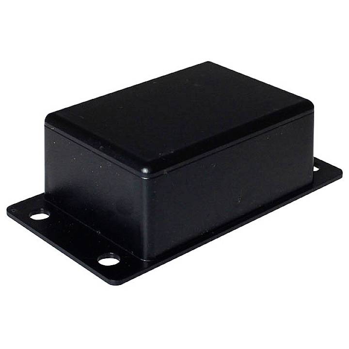 Schwarze rechteckige Kunststoffbox mit Flansch, geeignet für elektronische Komponenten oder kleinere Gerätegehäuse.