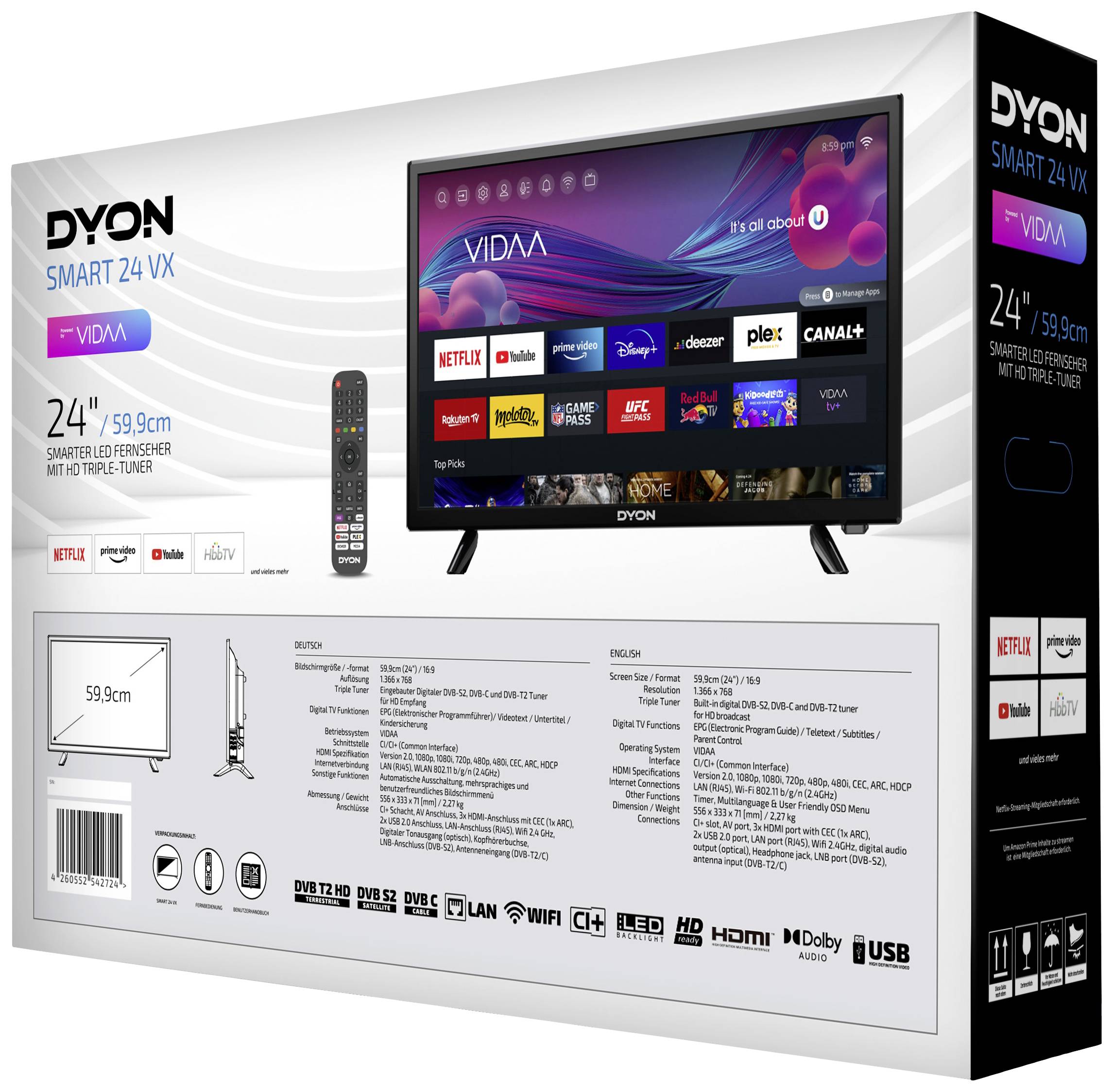 Dyon SMART 24 VX LED-TV 60cm 24 Zoll EEK F (A - G) DVB-T2, DVB-C, DVB-S2, HD ready, Smart TV, WLAN, CI+ Schwarz