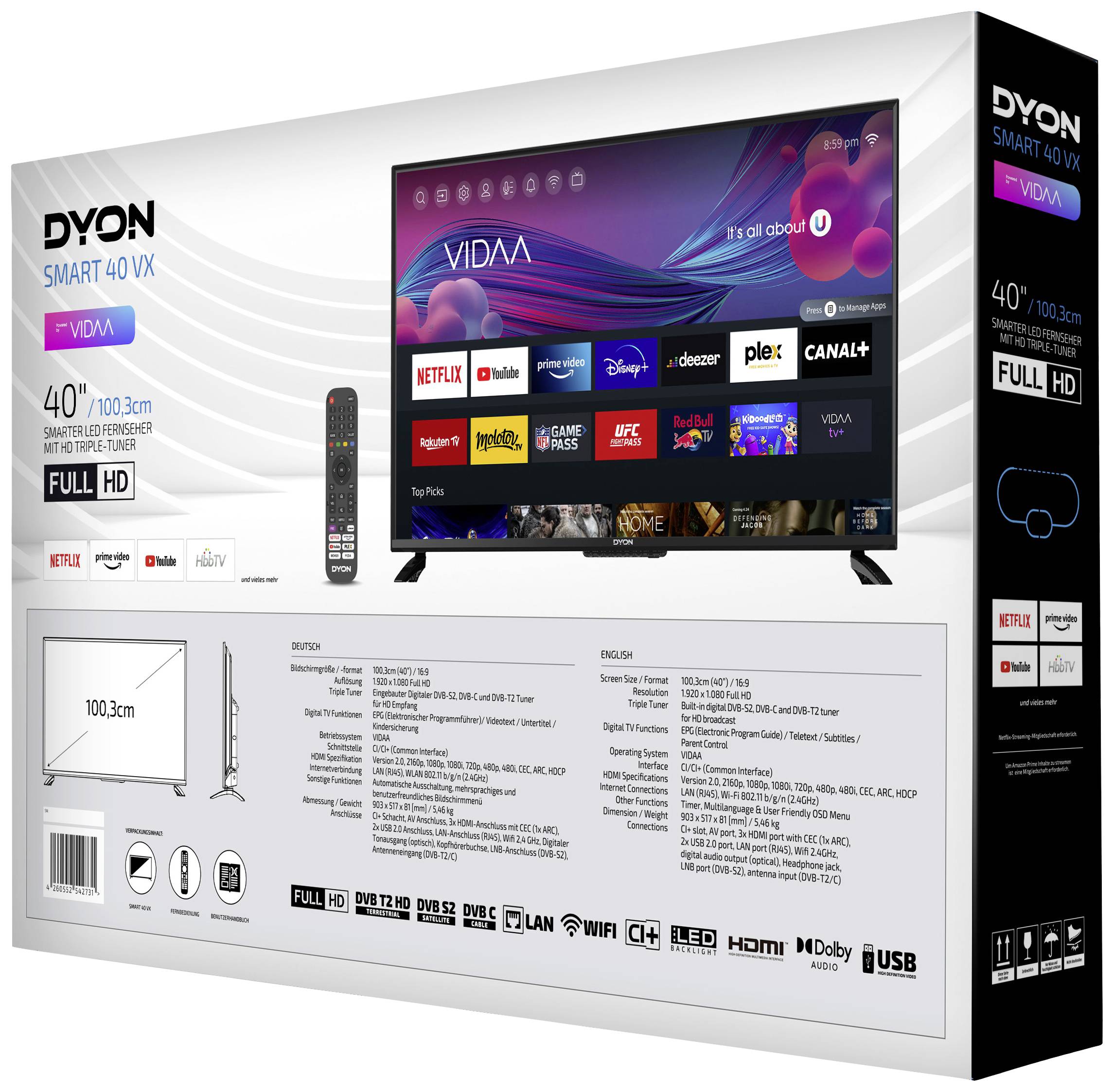 Dyon SMART 40 VX LED-TV 100cm 40 Zoll EEK G (A - G) DVB-T2, DVB-C, DVB-S2, Full HD, Smart TV, WLAN, CI+ Schwarz