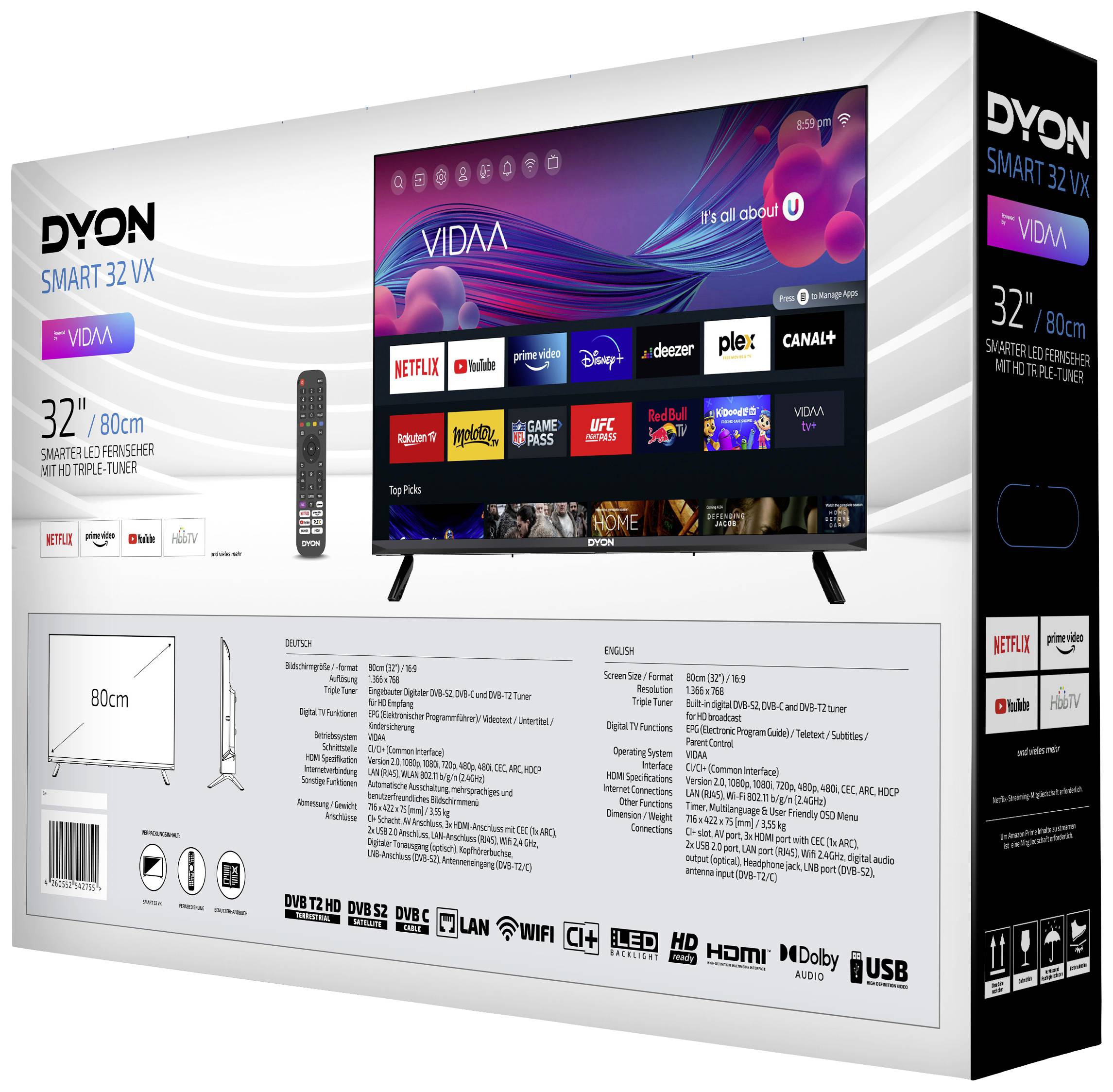 Dyon SMART 32 VX LED-TV 80 cm 32 Zoll EEK F (A - G) DVB-T2, DVB-C, DVB-S2, HD ready, Smart TV, WLAN, CI+ Schwarz