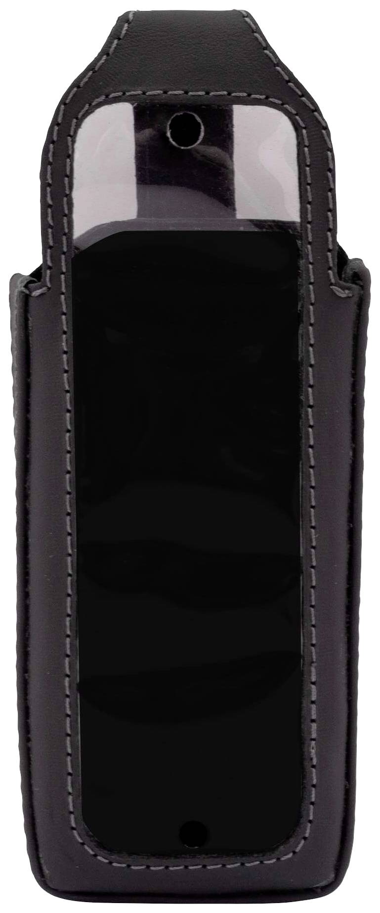 Schwarze Ledertasche für ein Mobilgerät, mit Aussparungen für Bildschirm und Kamera.