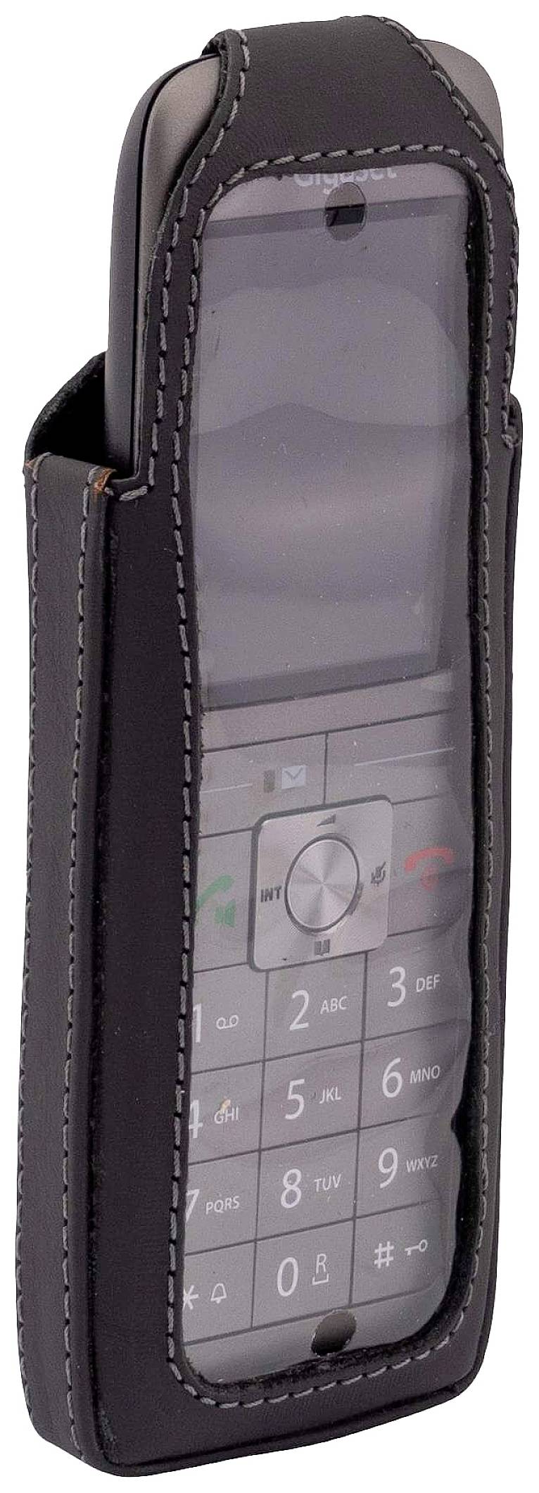 Ein einfaches Mobiltelefon in einer schwarzen Ledertasche. Das Telefon hat große Tasten, geeignet für Senioren oder Menschen mit eingeschränkter Sicht.