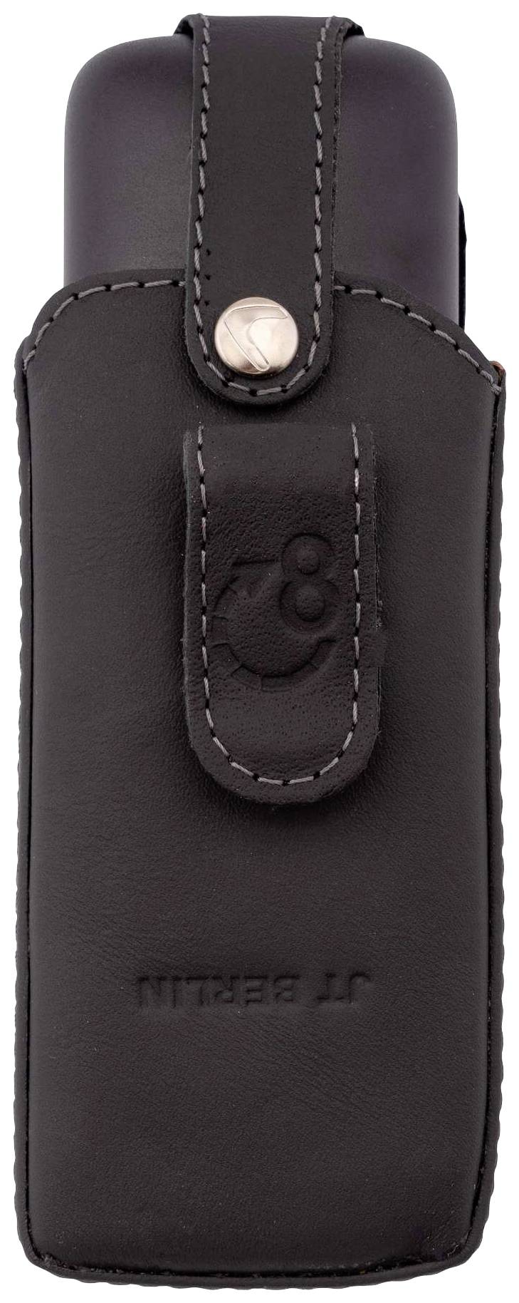 Handy in schwarzer Ledertasche mit einer Schlaufe und einem silbernen Druckknopf.