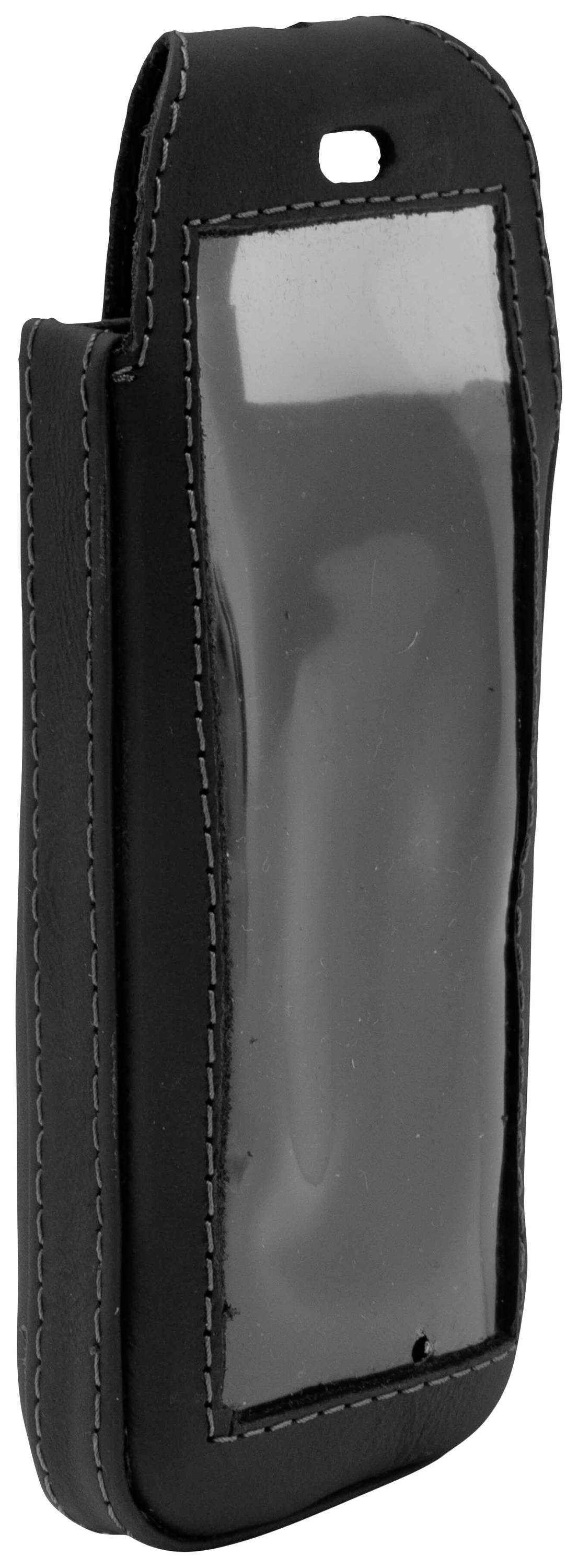 Schwarze Handytasche mit transparentem Sichtfenster und weißen Nähten, hergestellt aus Leder.