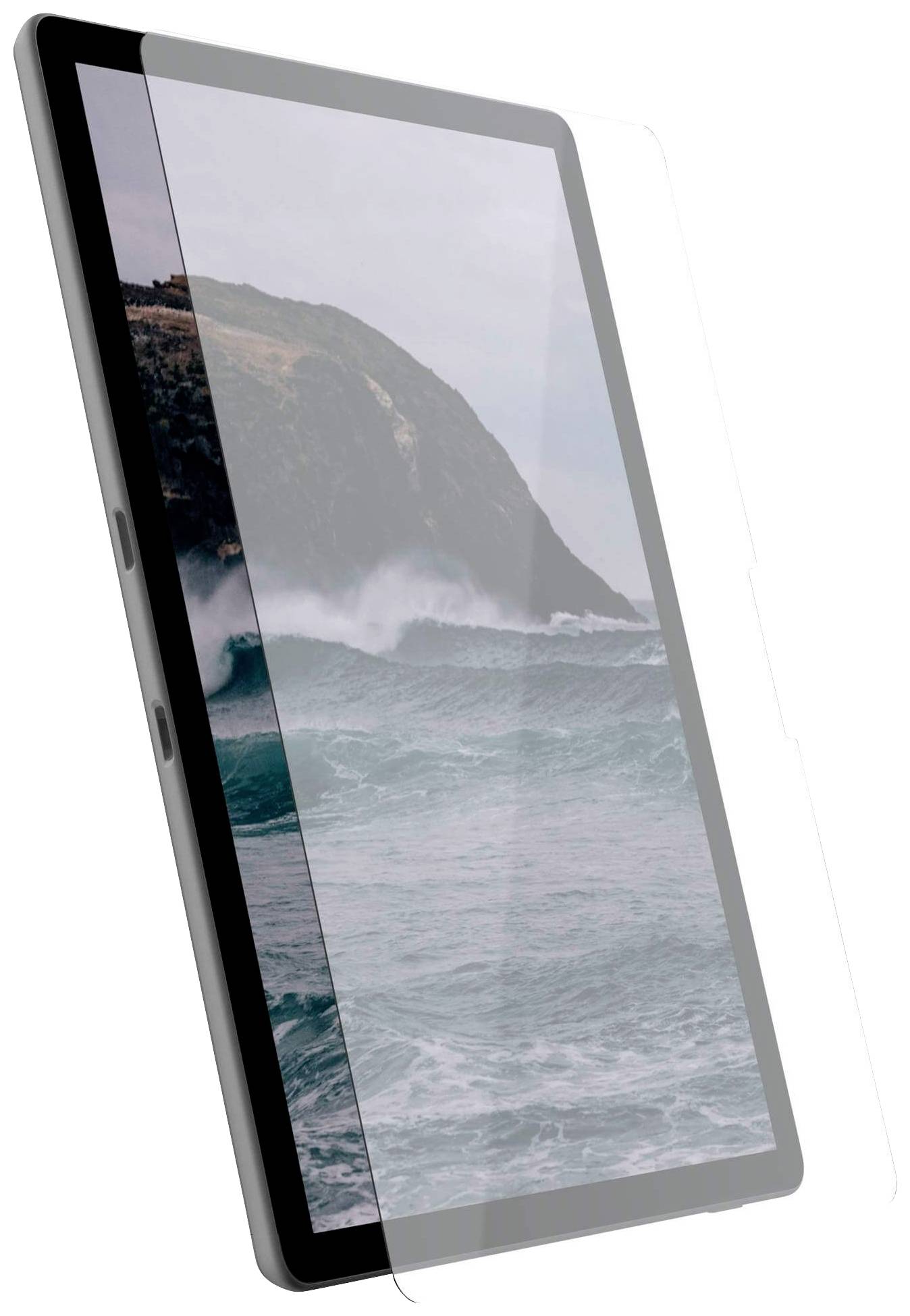 Ein Tablet zeigt ein Bild von stürmischen Wellen, die gegen eine zerklüftete Küste schlagen, mit dunklen Felsen und bewölktem Himmel.
