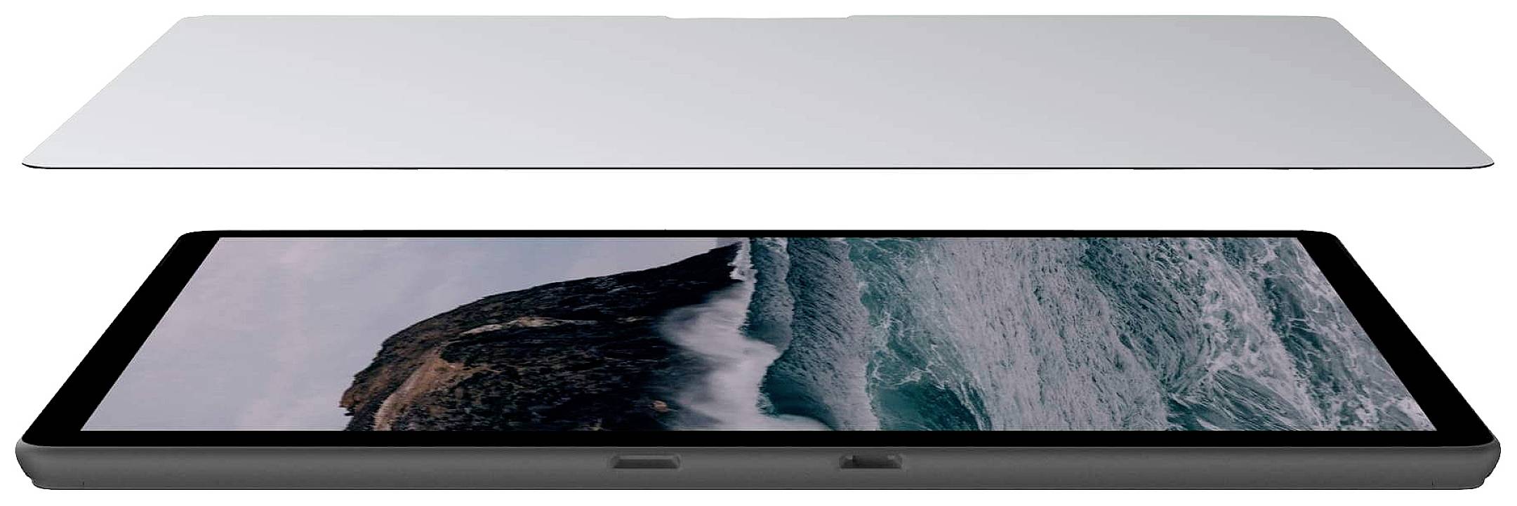 Tablet mit abgetrenntem Bildschirm, der eine Meereslandschaft zeigt, darunter die schwarze Basis des Geräts.