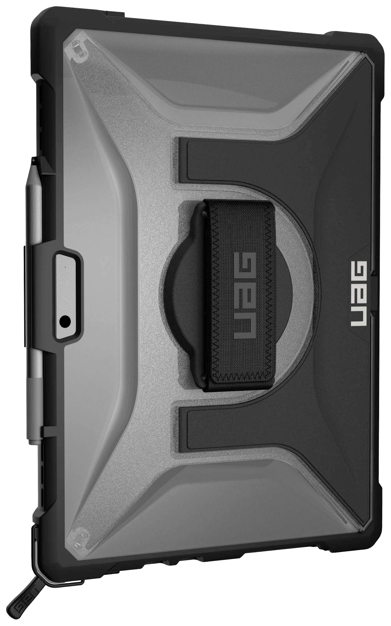 Schwarzes, robustes Tabletgehäuse mit Halteschlaufe und Stifthalter. Markentext 'UAG' auf der Rückseite sichtbar.