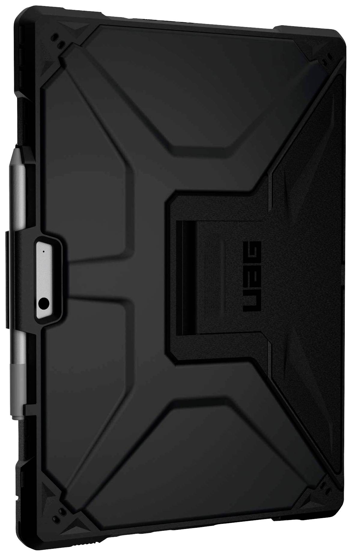 Ein schwarzes, robustes Schutzgehäuse für ein Tablet mit strukturiertem Design und integriertem Ständer.