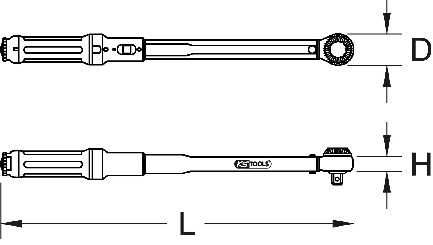 Illustration eines Drehmomentschlüssels mit Teilebeschriftung: Griff, Hebel, Skala und Kopf. Maße: Länge L, Höhe H, Durchmesser D.