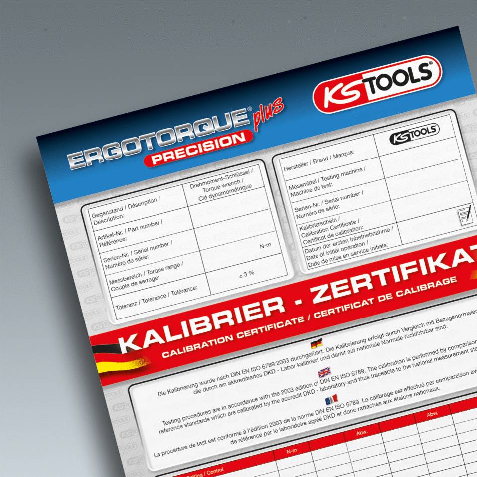 Ein Kalibrierzertifikat für das Produkt 'ErgoTorque Precision' von KS Tools mit technischen Spezifikationen und einer deutschen Flagge.