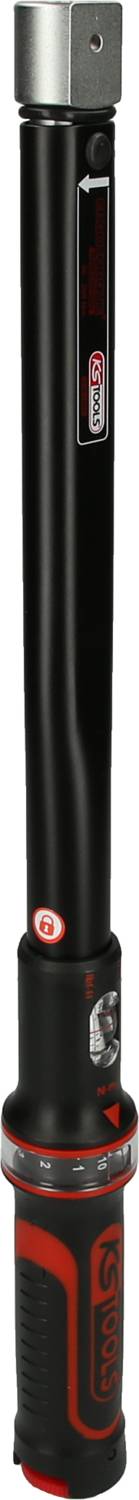 Ein elektronischer Drehmomentschlüssel, überwiegend schwarz mit roten Details und einem Metallkopf, zur genauen Messung von Drehmomenten.