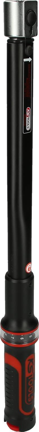 Slimmer schwarzer Drehmomentschlüssel mit rotem Griff und digitaler Anzeige. Geeignet für präzise Schraubarbeiten.