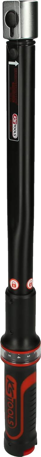 Ein schwarzer Drehmomentschlüssel mit LED-Anzeige und rotem Griff. Der Drehmomentbereich ist digital einstellbar.