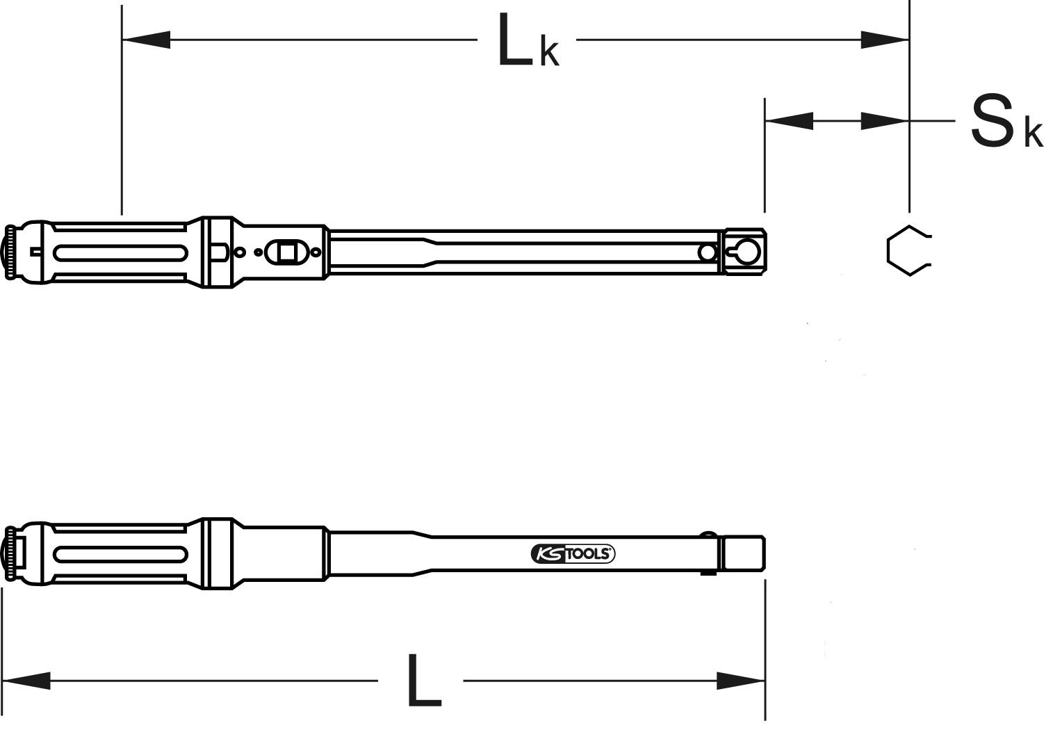 Zeichnung eines Drehmomentschlüssels mit Griff und vierkantigem Kopf. Beschriftet mit 'KS Tools', Maßangaben: 'L', 'Lk', 'Sk'.