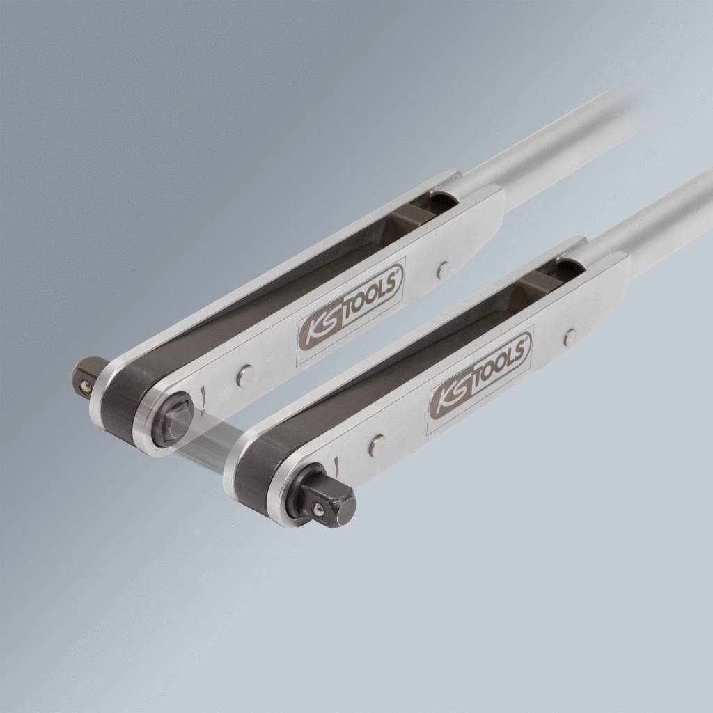 Zwei silberne Werkzeuge von KS Tools mit einem runden Element an einem Ende, vor einem grauen Hintergrund.
